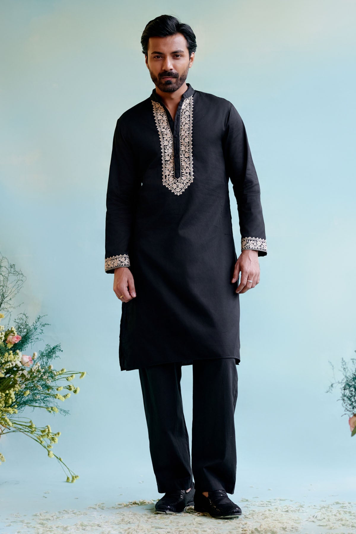 Nero Black Floral Embroidered Kurta for Men Online Available at ScrollnShops