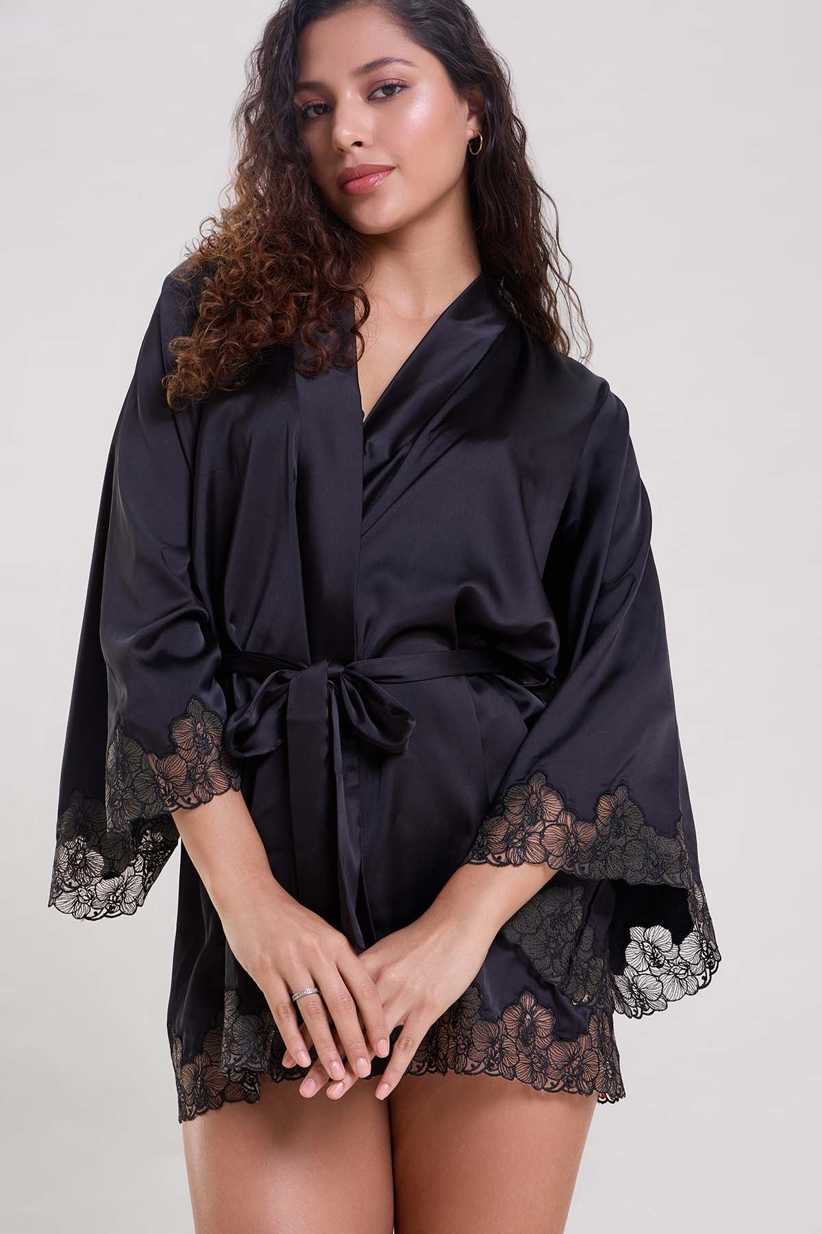 Buy Black Floral Embroidered Robe by Mysthelle for women online at ScrollnShops