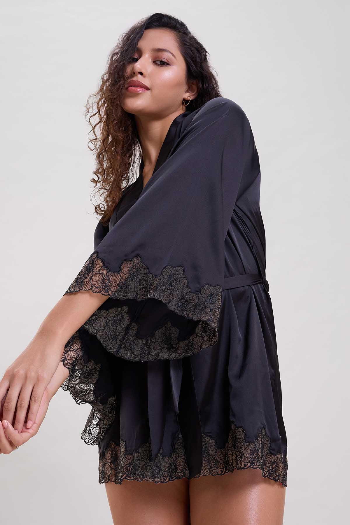 Black Floral Embroidered Robe