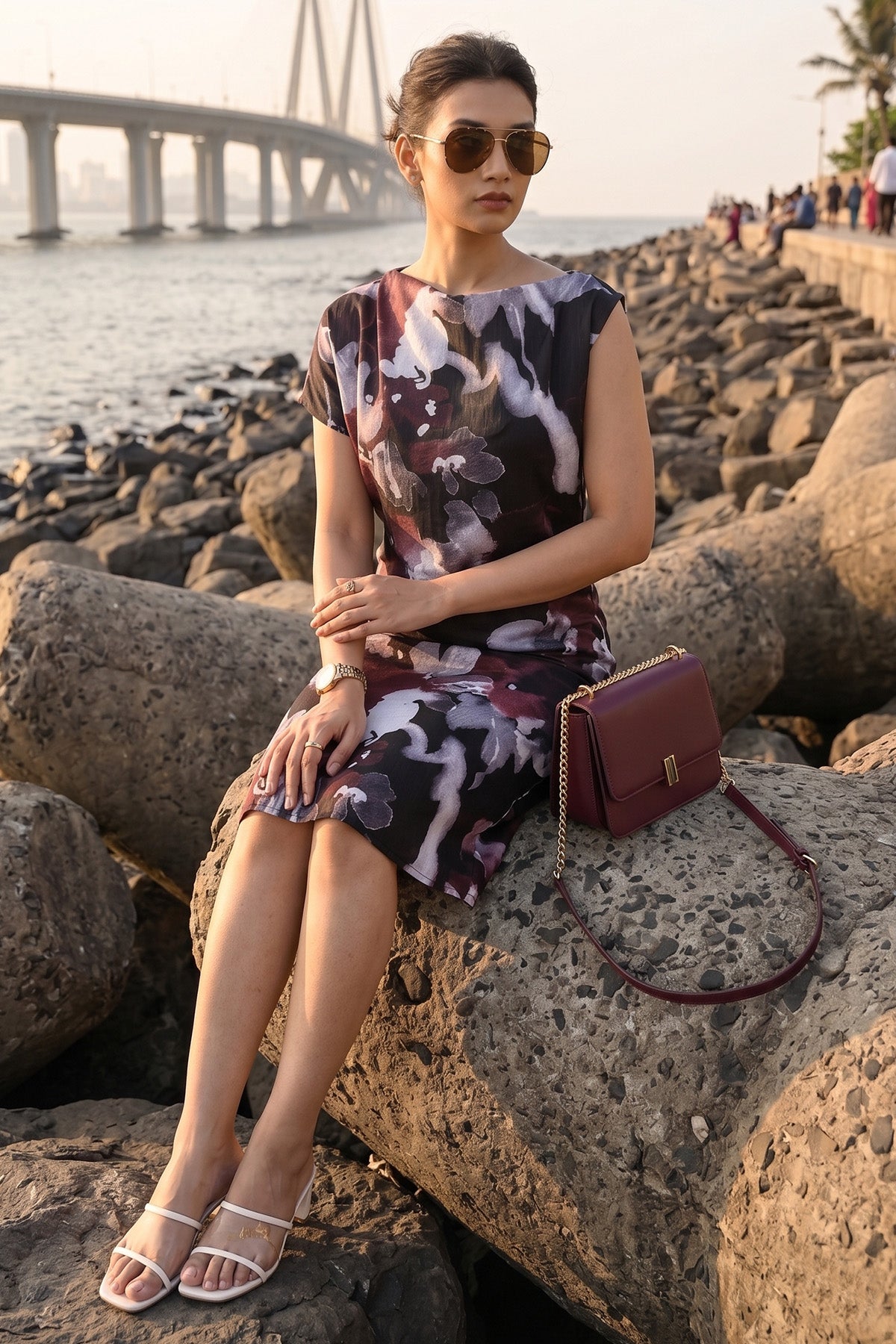 Black Floral Print Cowl Dress