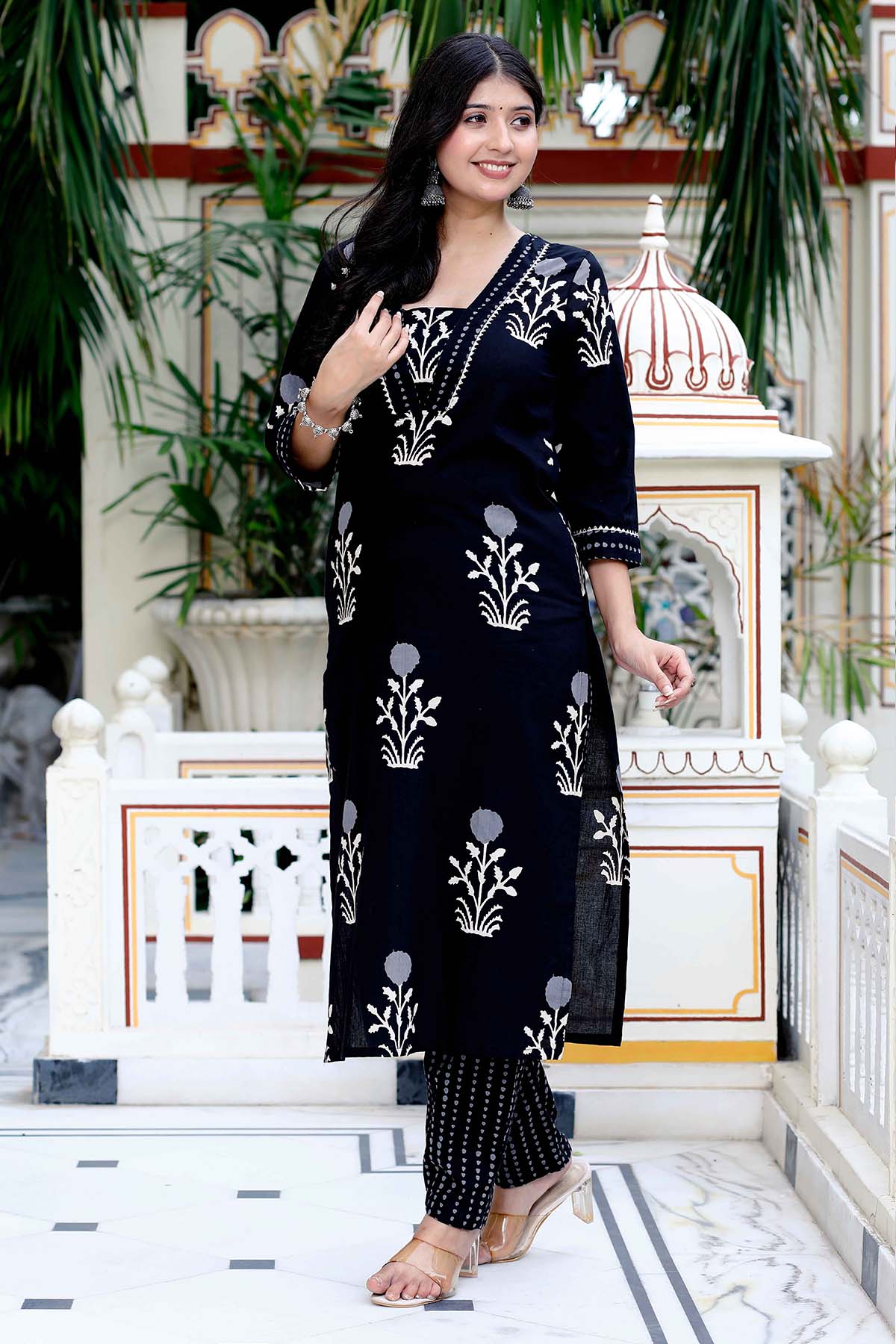 Black Floral Printed Kurta Set