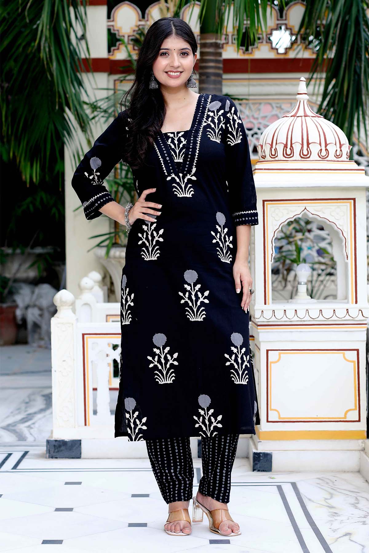 Buy Black Floral Printed Kurta Set by Miravan for women online at ScrollnShops