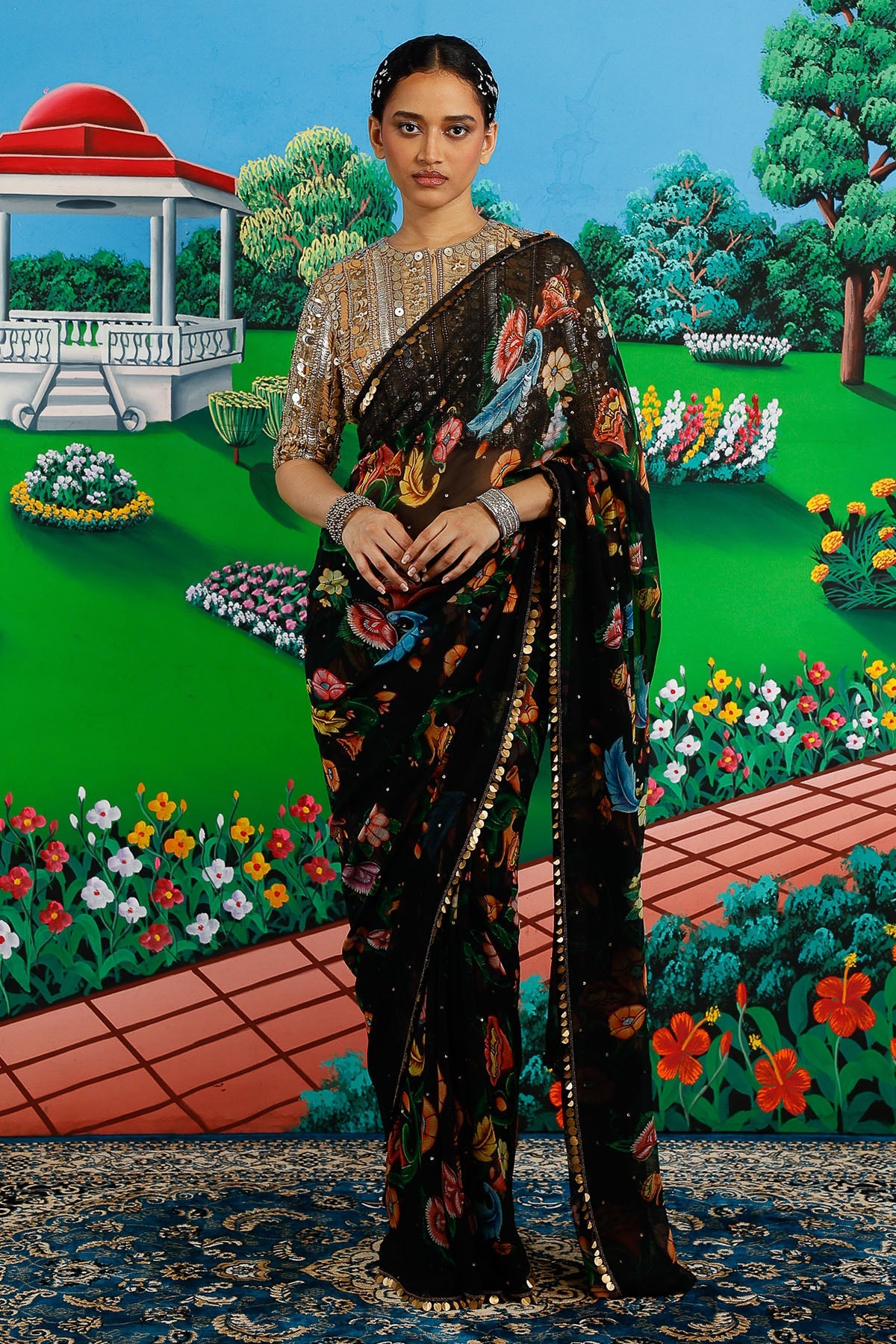 Buy Black Floral Printed Saree Set for women by Saksham Neharicka online available at scrollnshops
