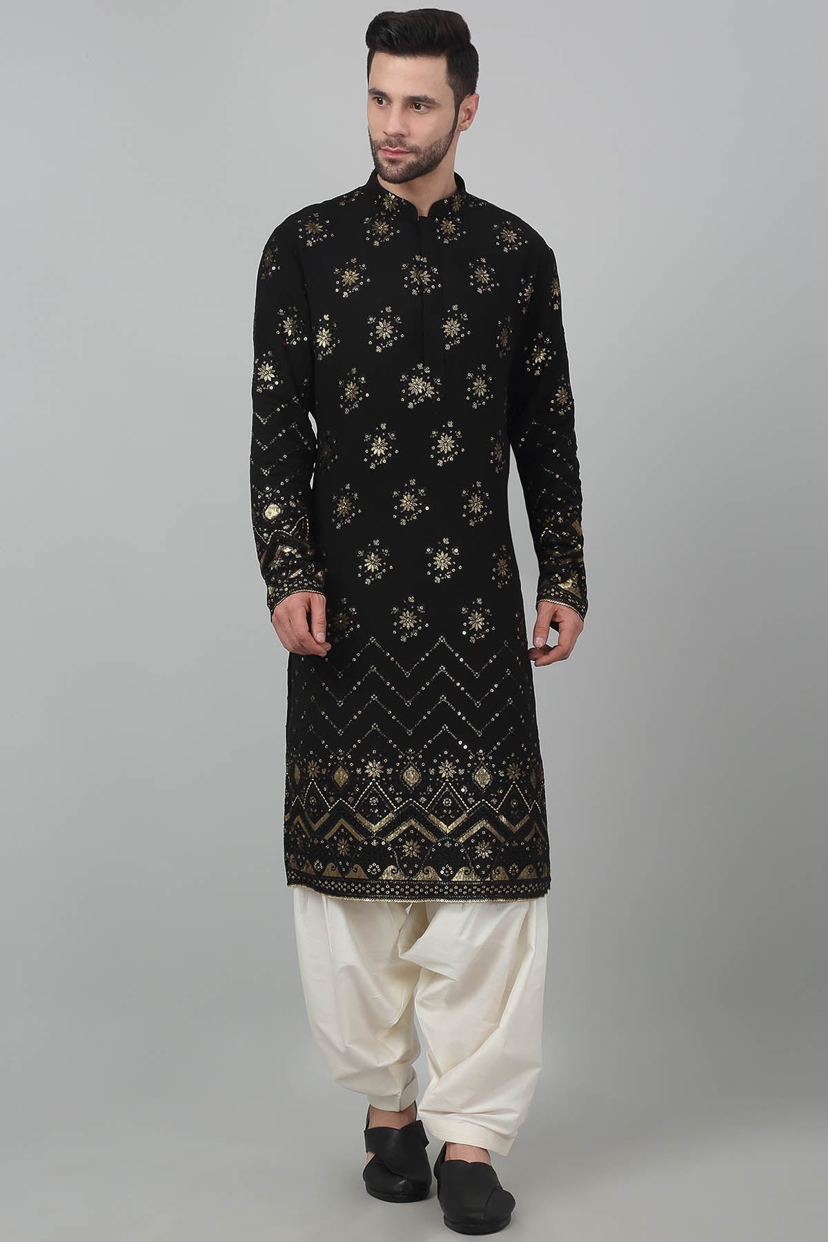 Aham Vayam Black Floral Thread Kurta Set for men online at ScrollnShops