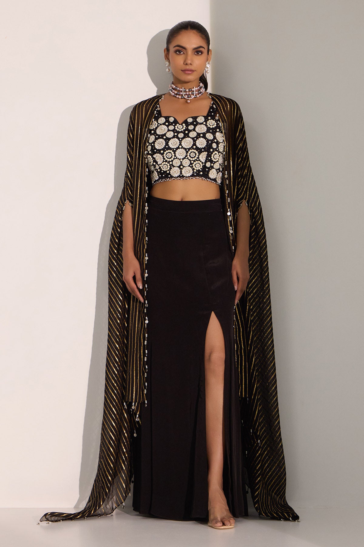 Black Floral Work Slit Skirt Set