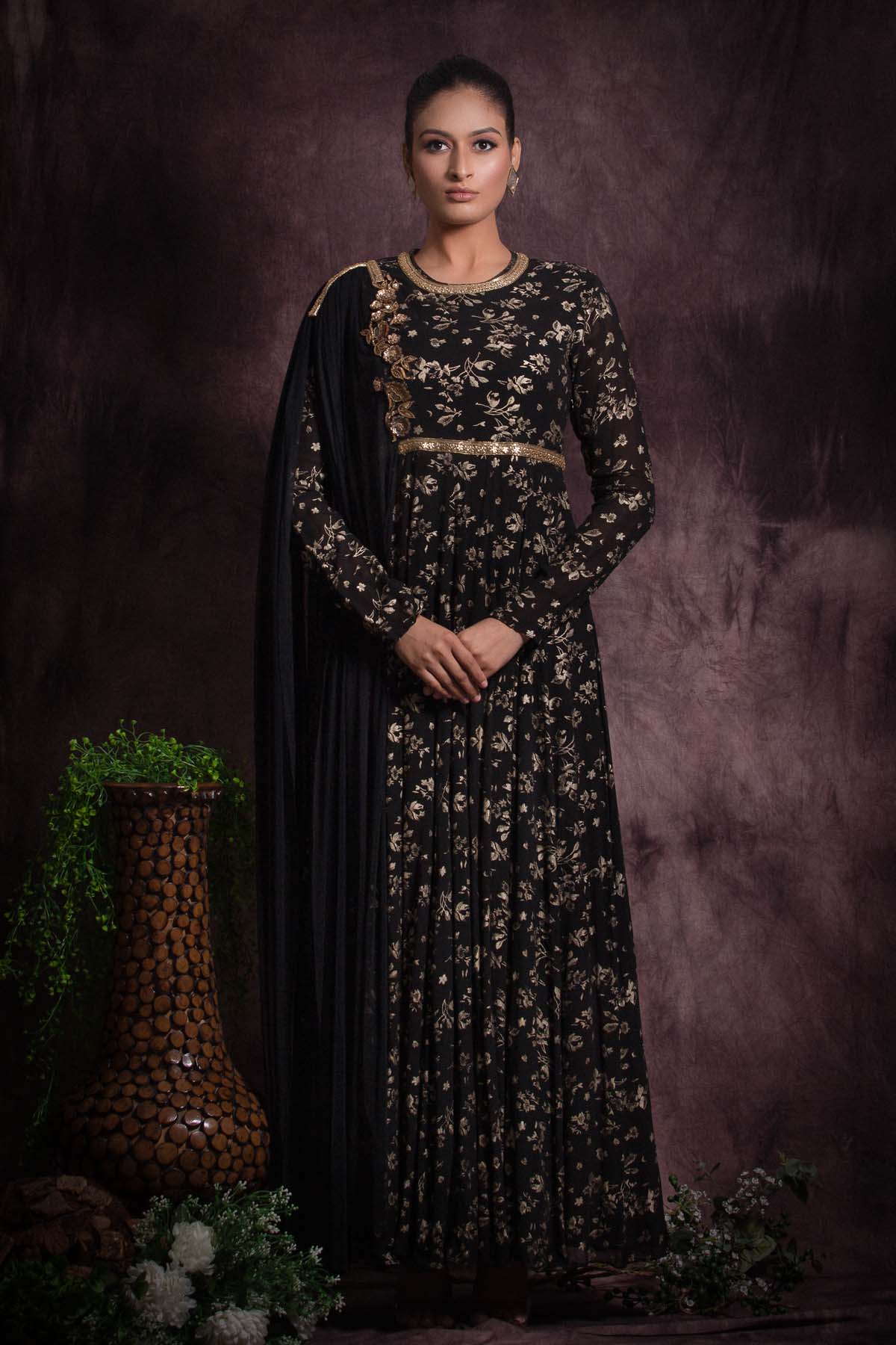 Black Foil Print Anarkali Gown at ScrollnShops
