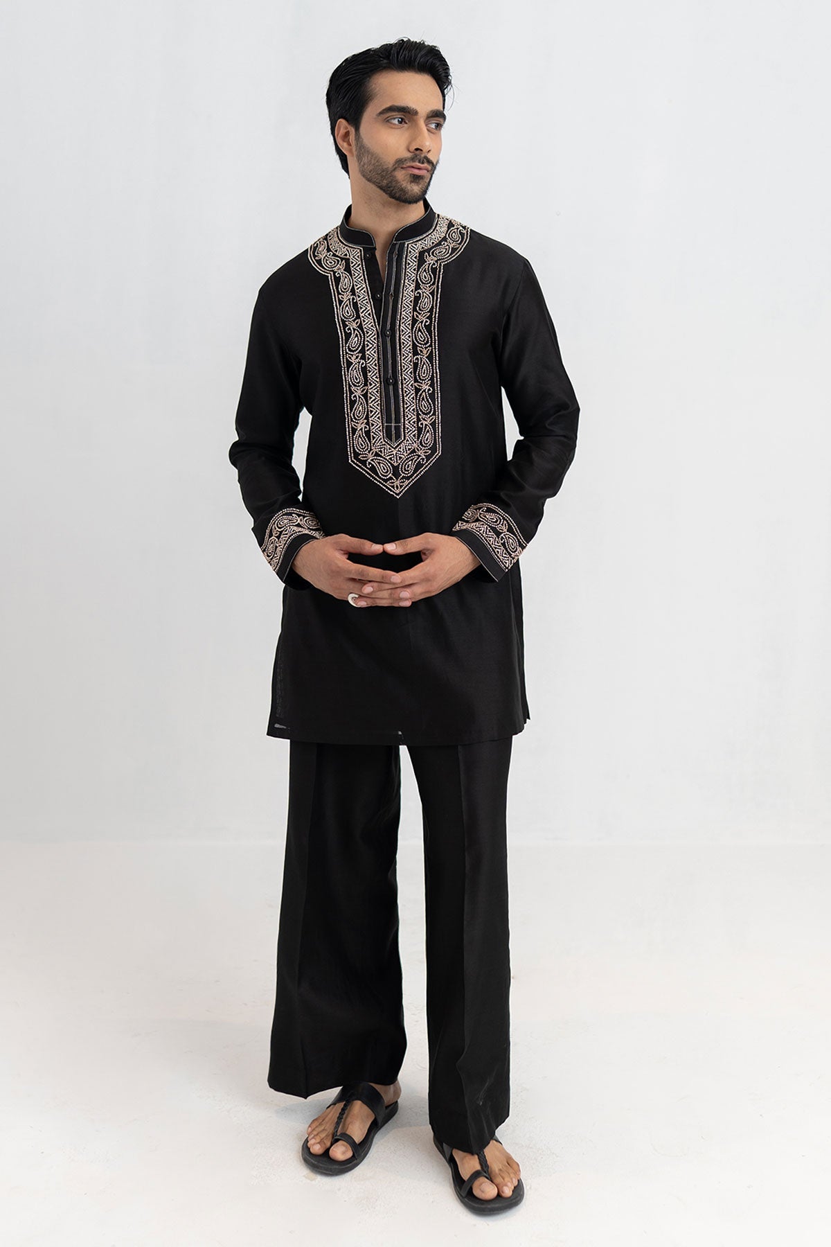 Buy Black French Knot Kurta & Pants for men by Ajiesh Oberoi online available at scrollnshops