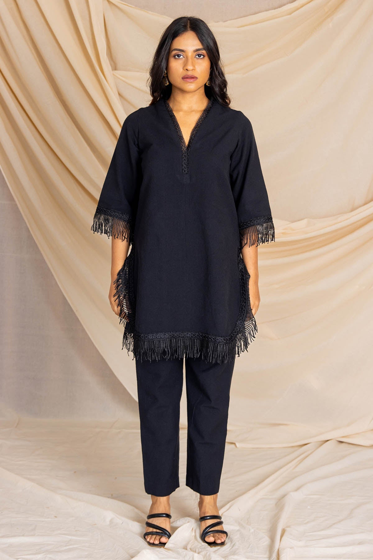 Buy Label J Black Fringed Kurta & Pants at ScrollnShops