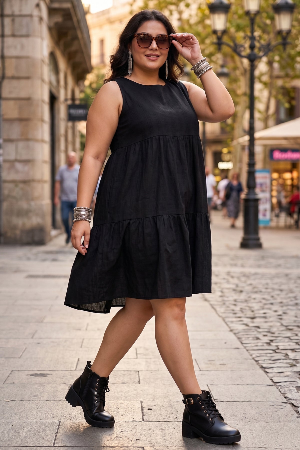 Black Gather Tiered Mini Dress