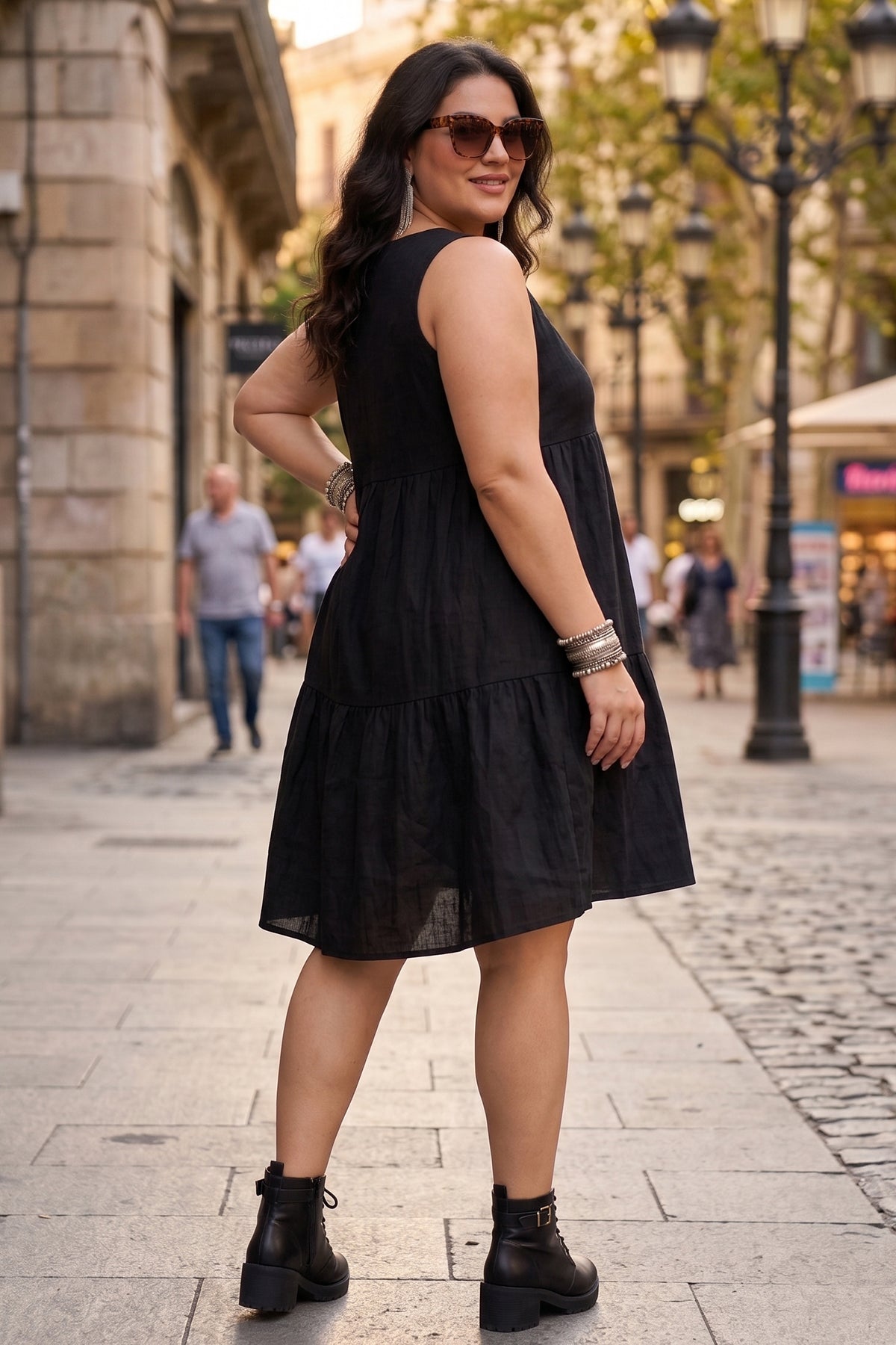 Black Gather Tiered Mini Dress