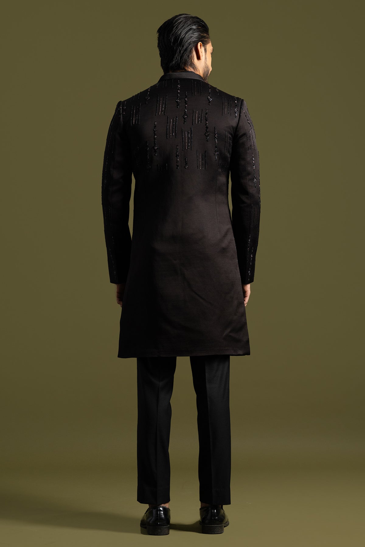 Black Geometric Line Achkan Set
