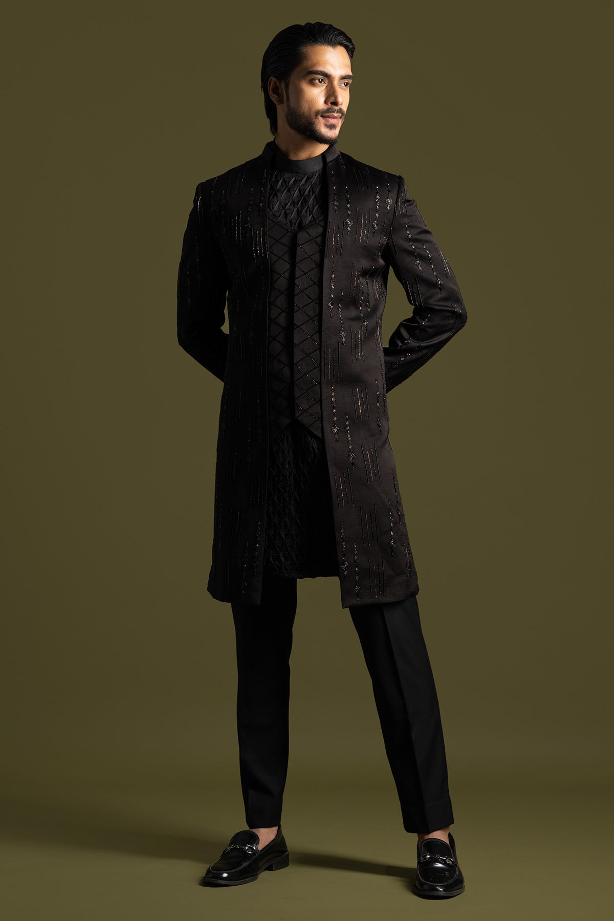 Buy Black Geometric Line Achkan Set for men by Paarsh Atelier online available at scrollnshops