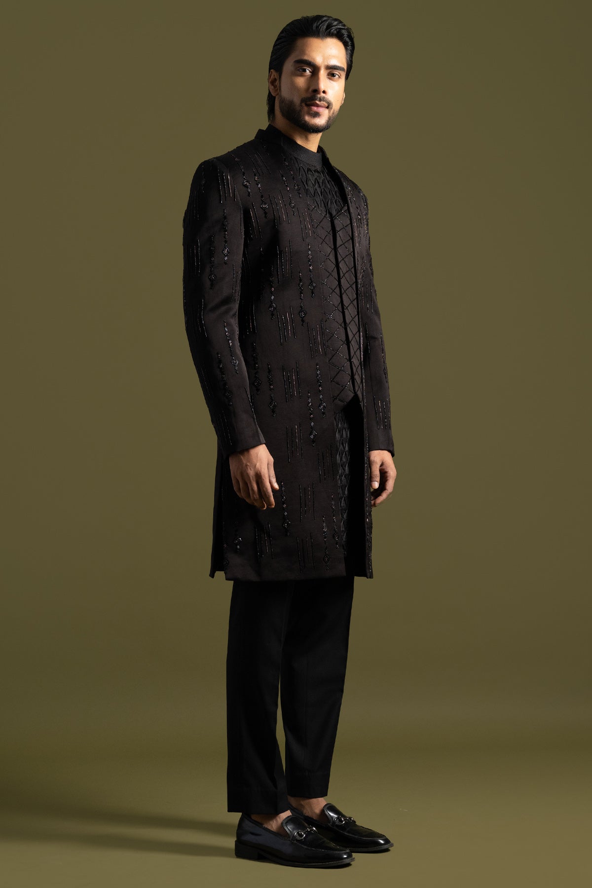 Black Geometric Line Achkan Set