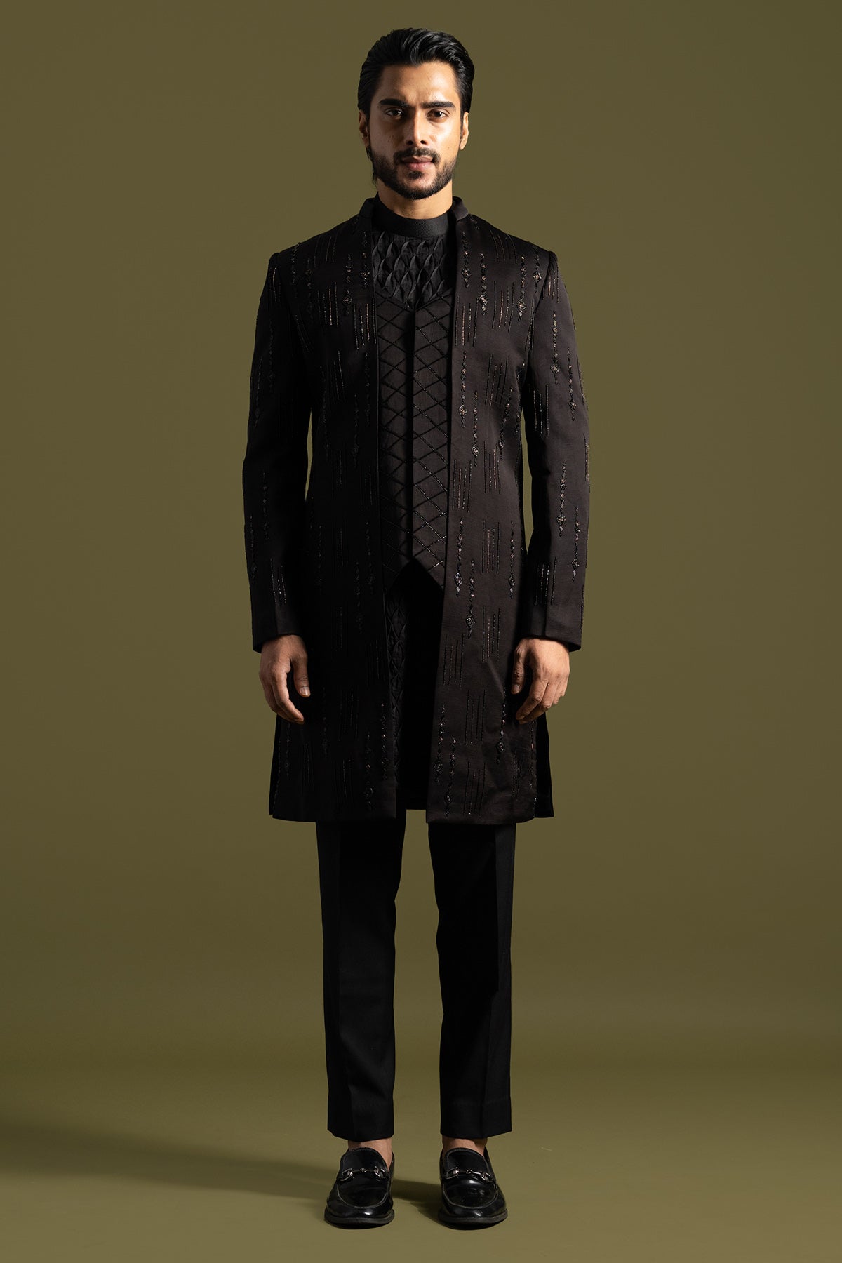Black Geometric Line Achkan Set