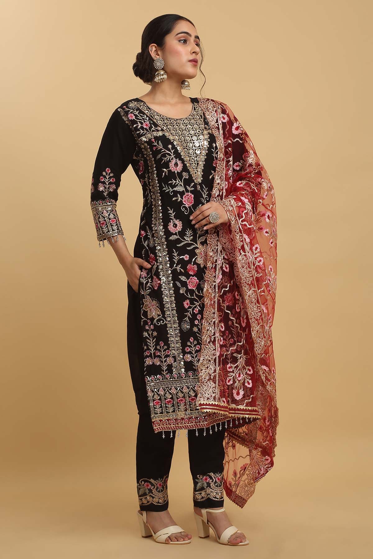 Black Georgette Floral Kurta Set