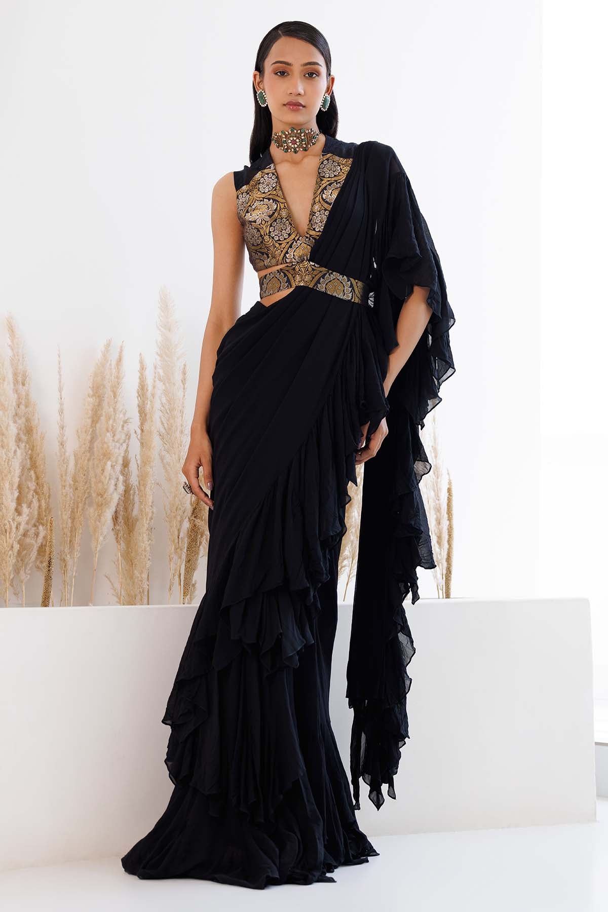 Chhaya Mehrotra Black Georgette Frill Saree for women online at ScrollnShops