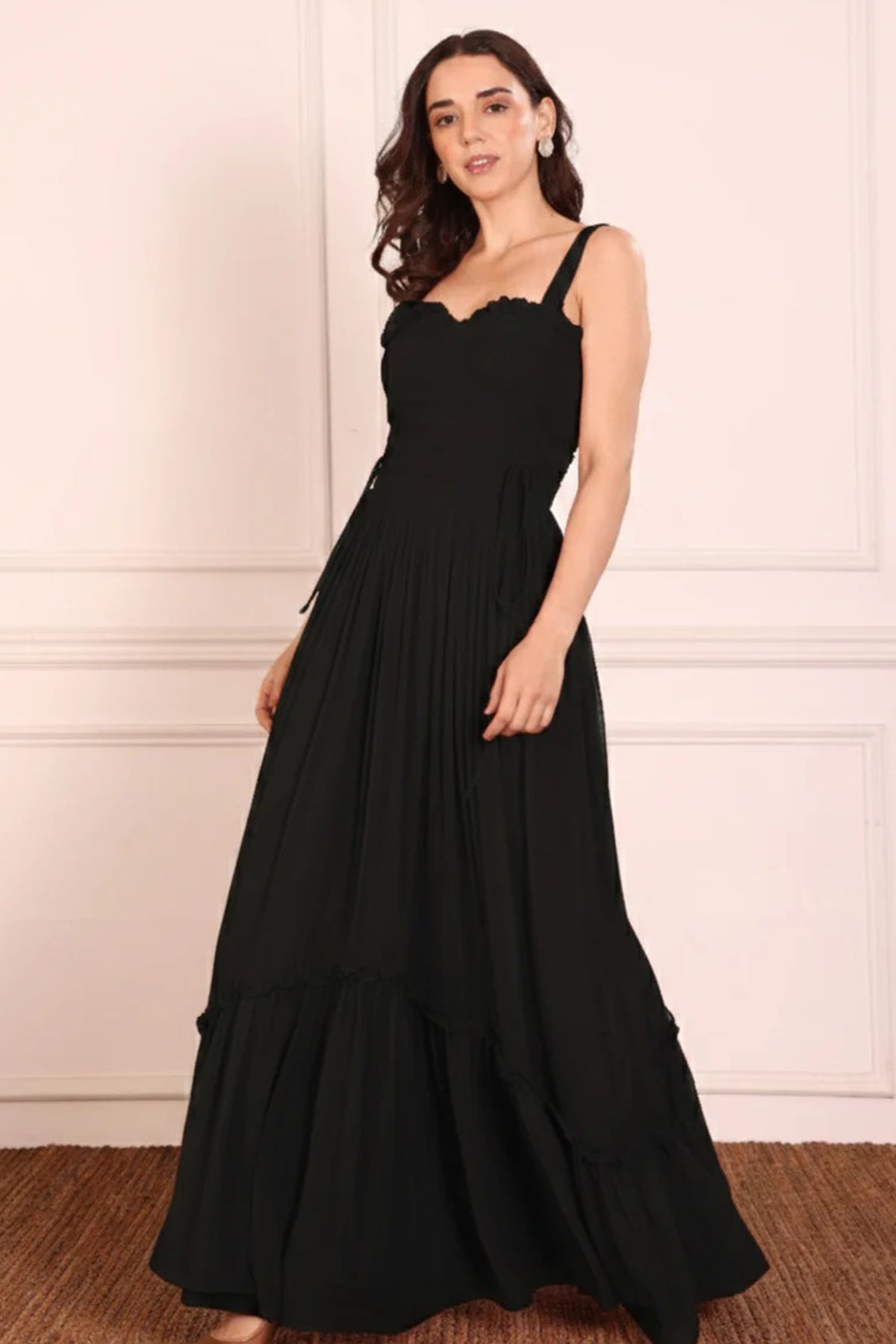 Buy Black Georgette Frilled Dress for women by Seoraa online available at scrollnshops