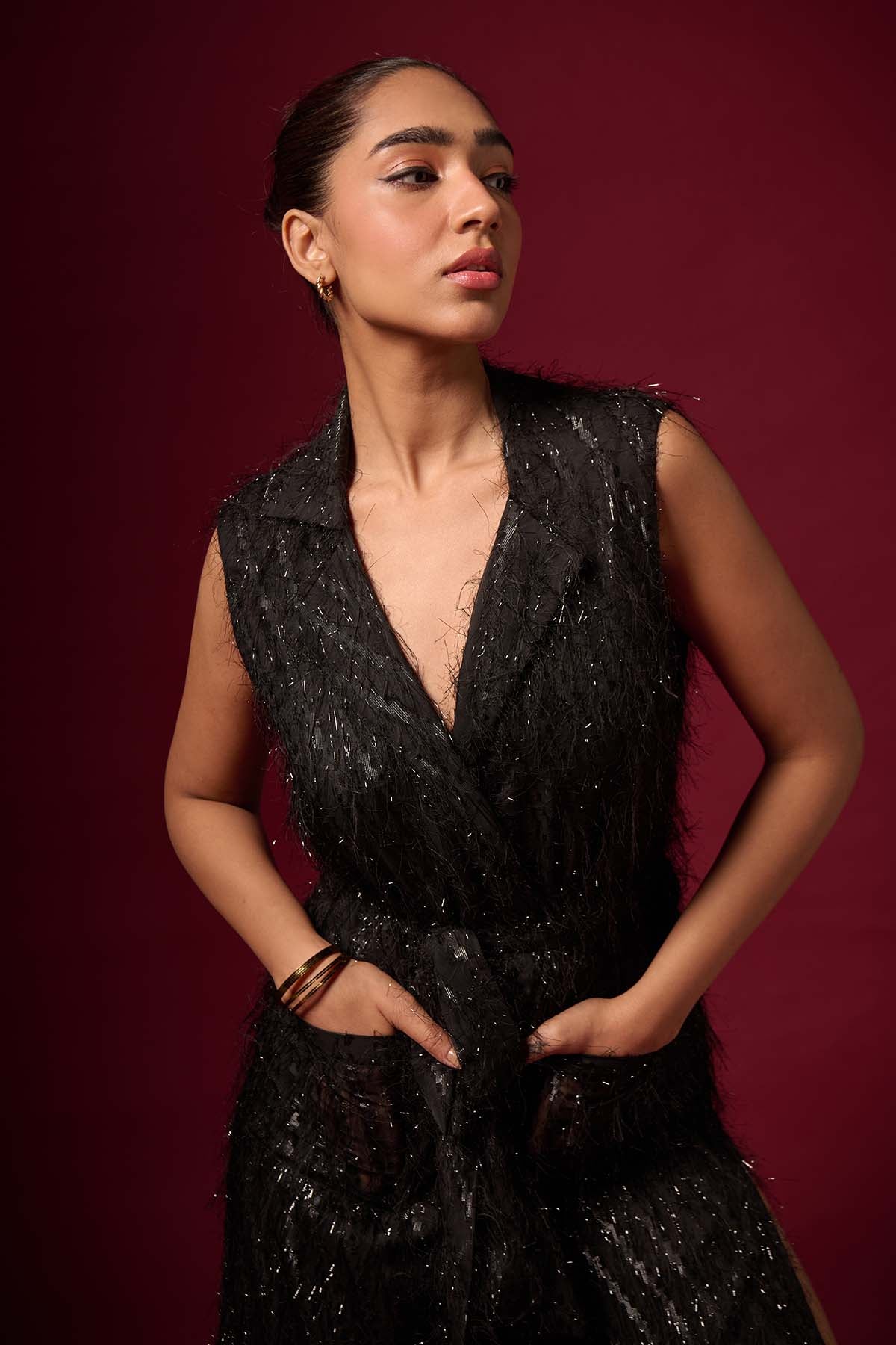 Black Georgette Fur Midi Dress