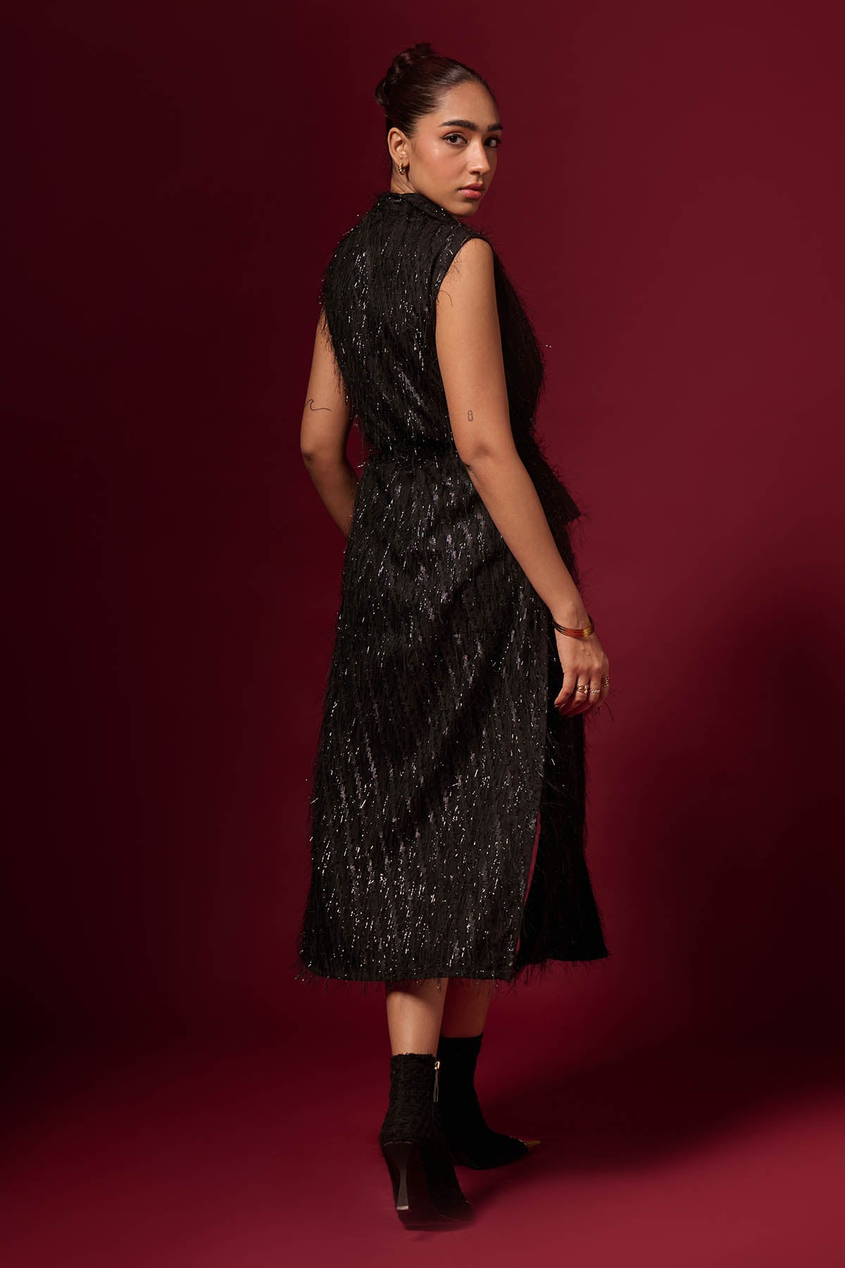 Black Georgette Fur Midi Dress