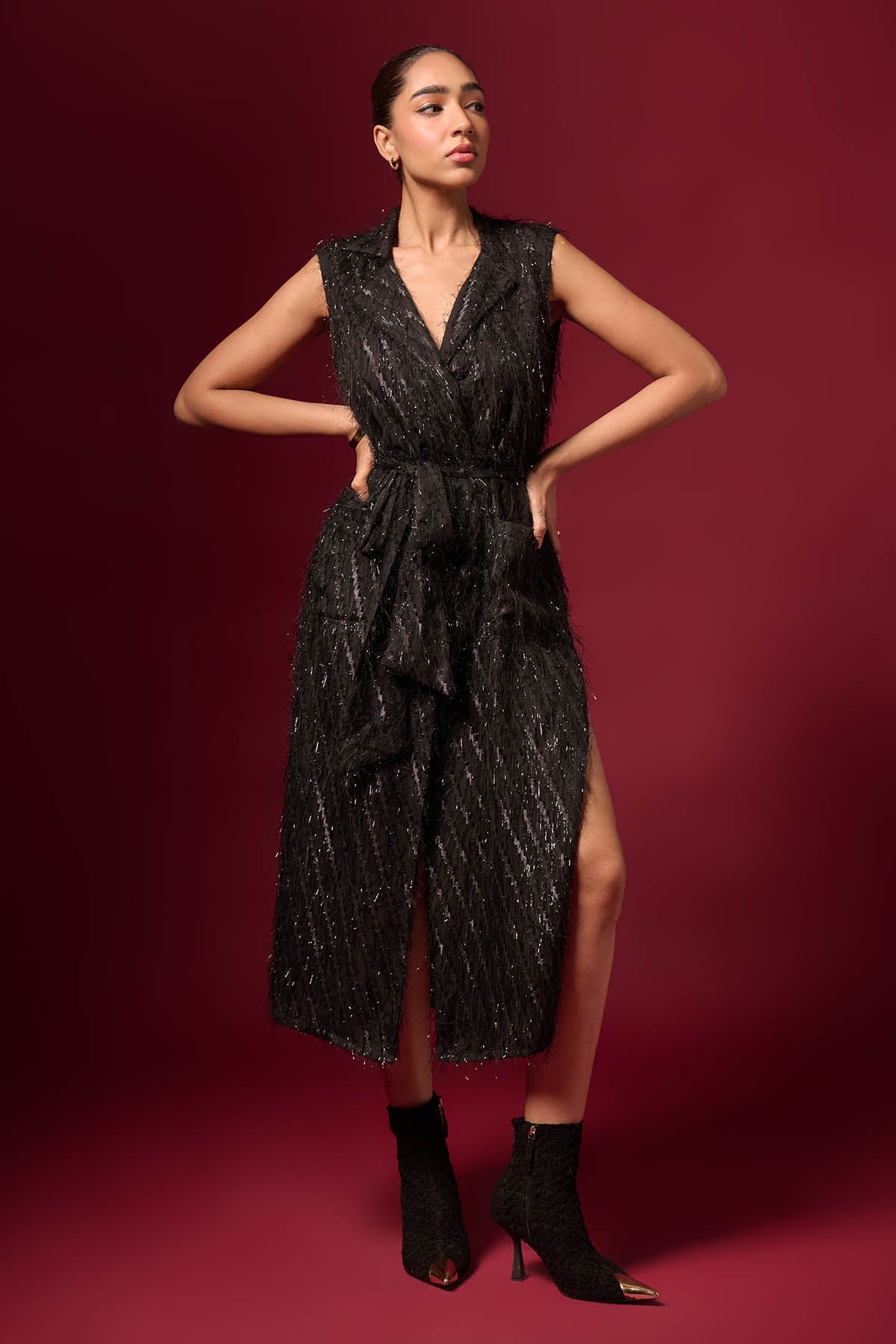 Buy Black Georgette Fur Midi Dress by Emblaze for women online at ScrollnShops