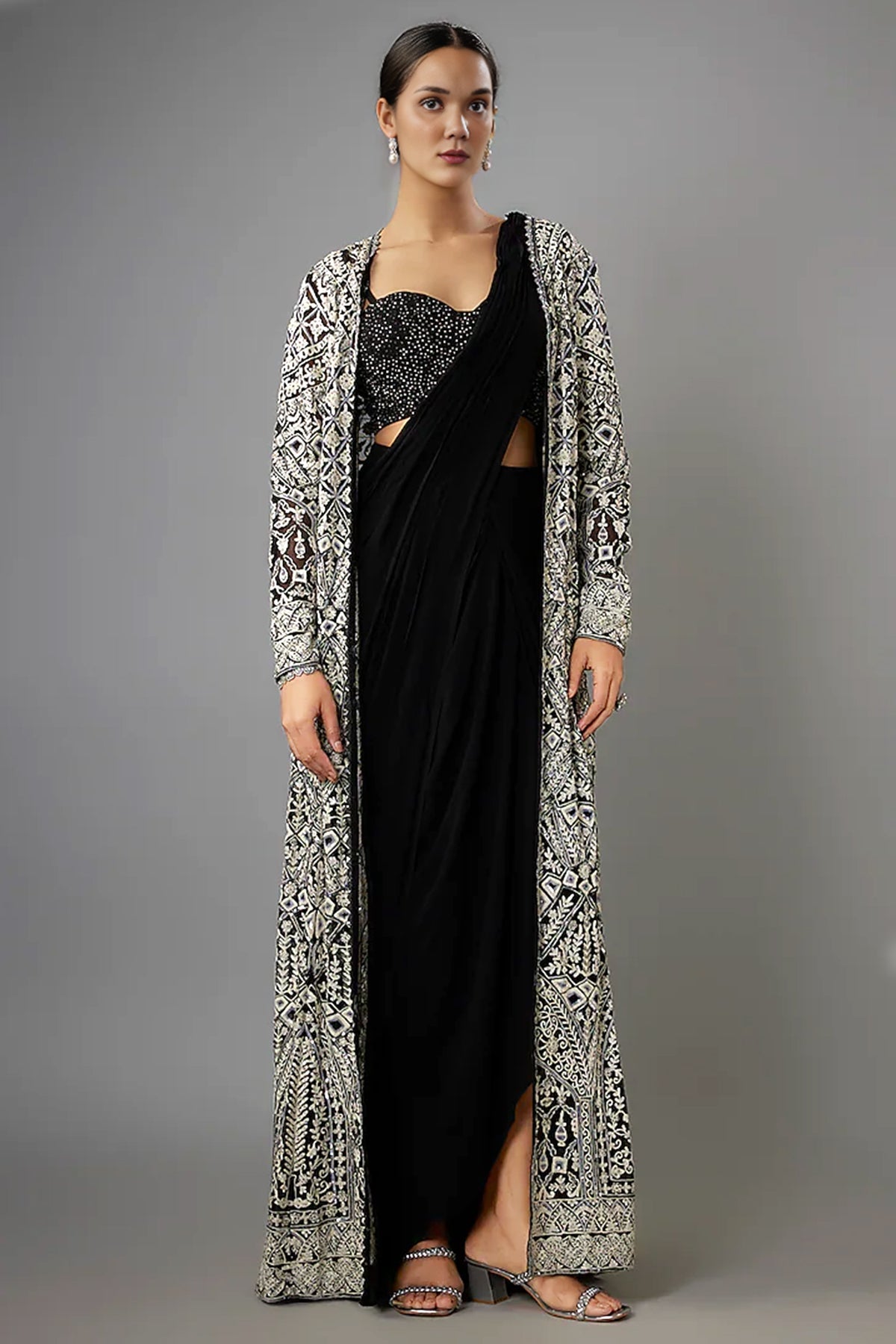 Buy Black Georgette Pre-Draped Saree by Shlok Design for women online at ScrollnShops