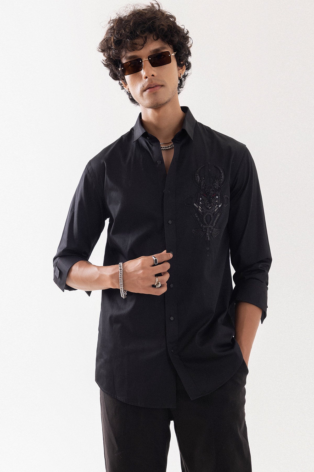 Black Giza Cotton Sequins Shirt