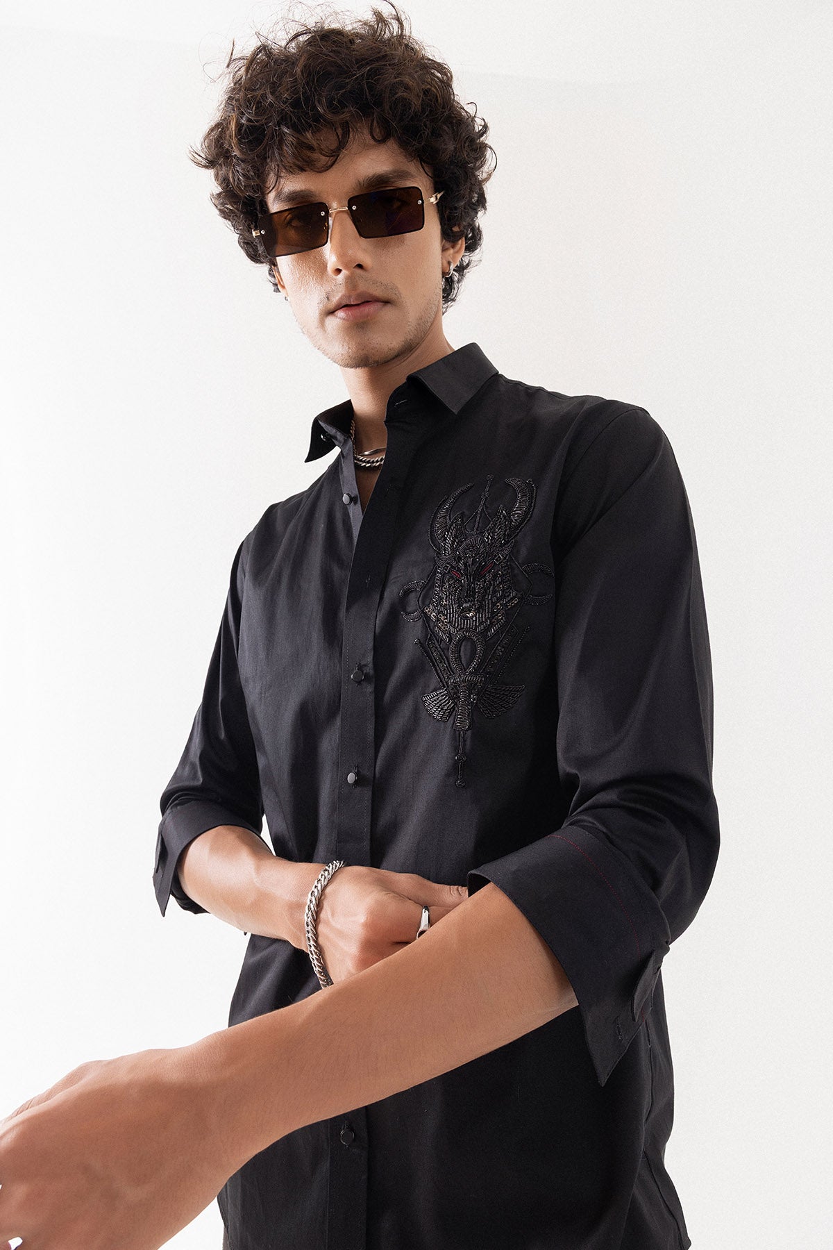Black Giza Cotton Sequins Shirt