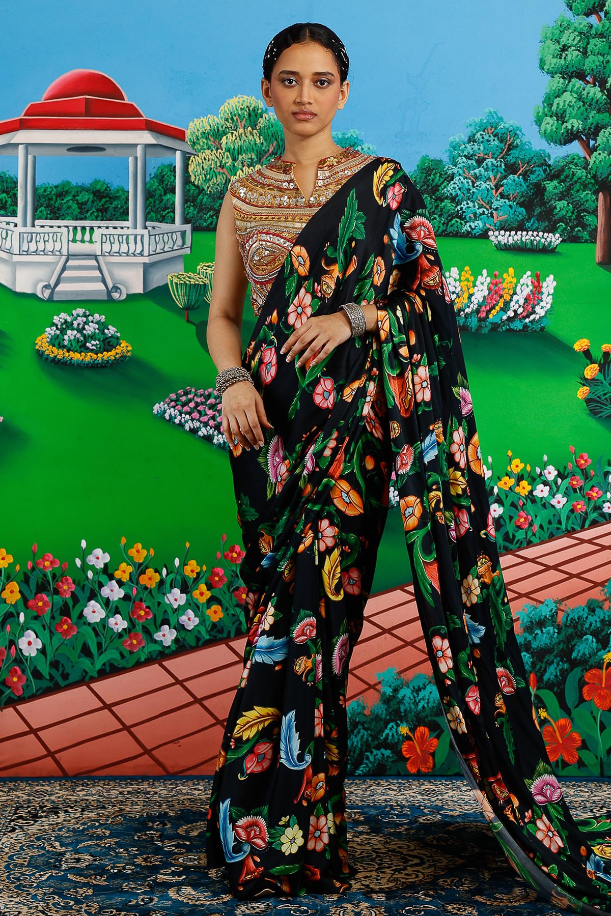 Buy Black & Gold Sequins Saree Set for women by Saksham Neharicka online available at scrollnshops