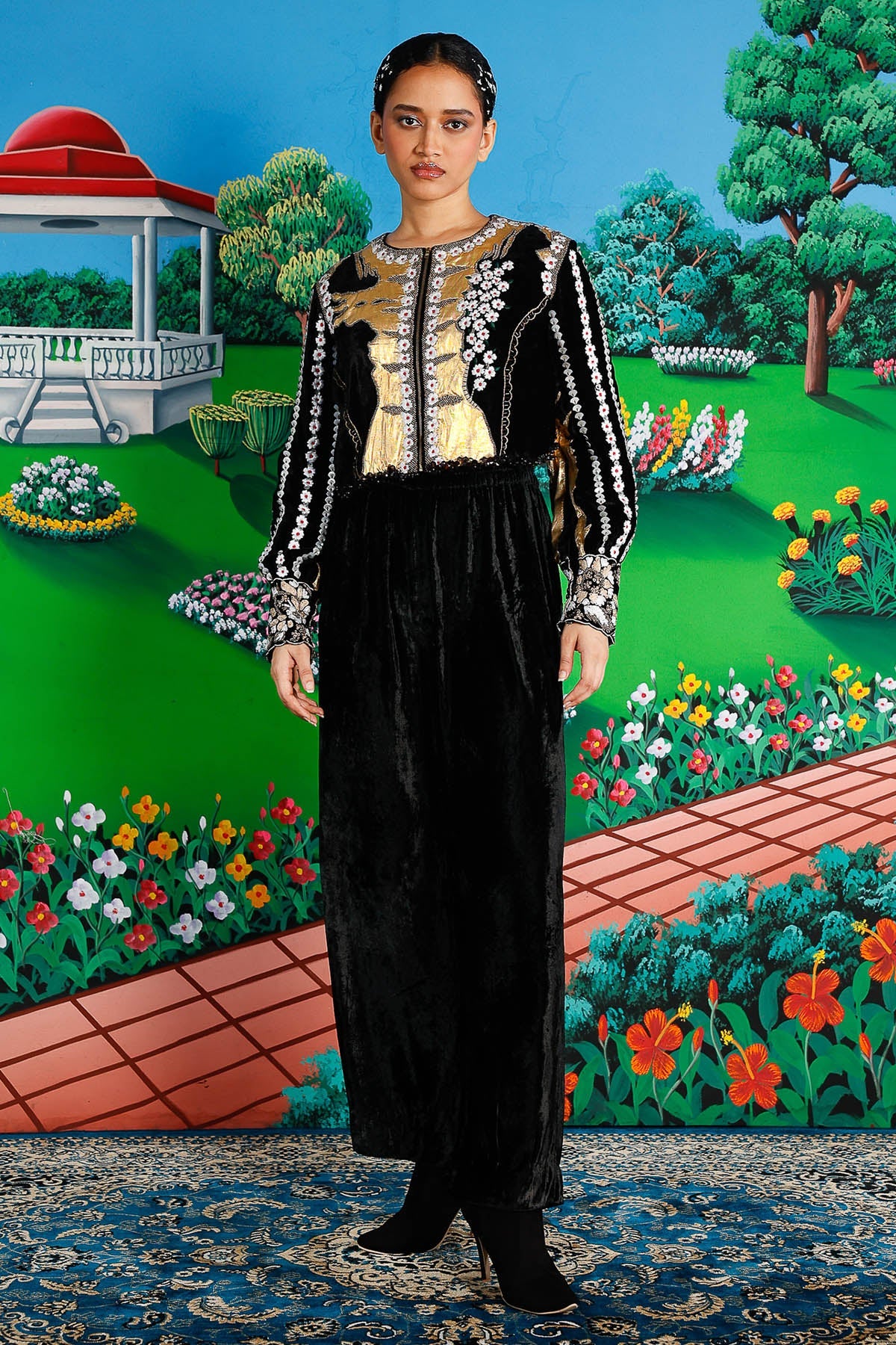 Buy Black Golden Floral Co-ord Set for women by Saksham Neharicka online available at scrollnshops