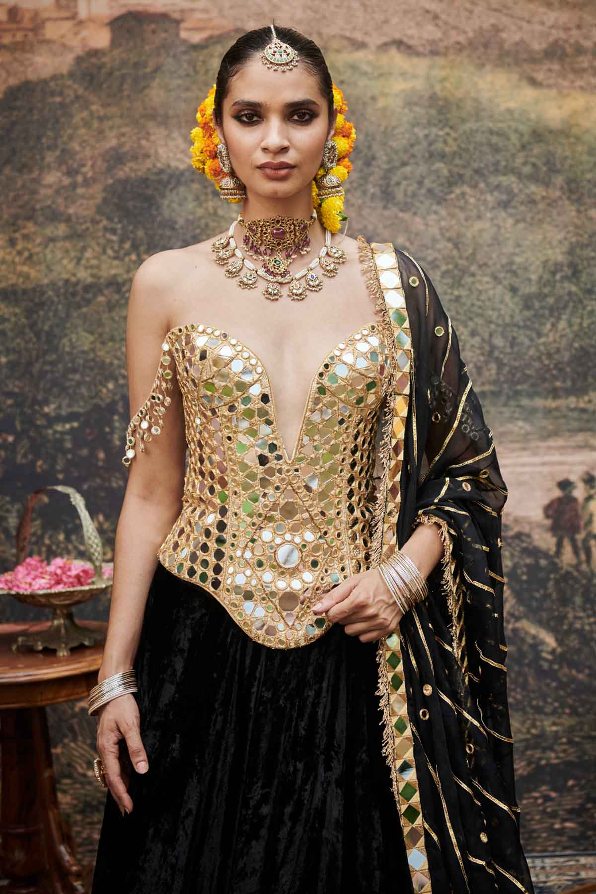 Black Gota Stripes Lehenga Set