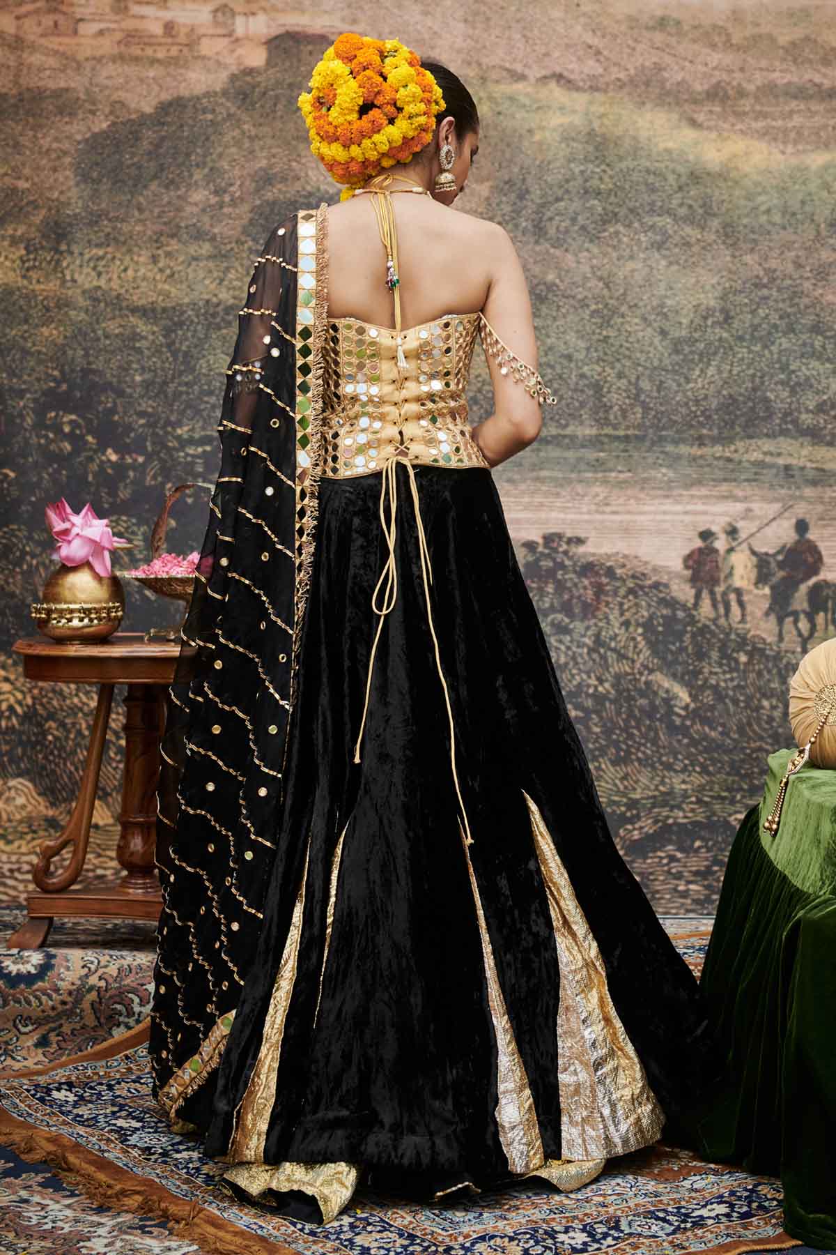 Black Gota Stripes Lehenga Set