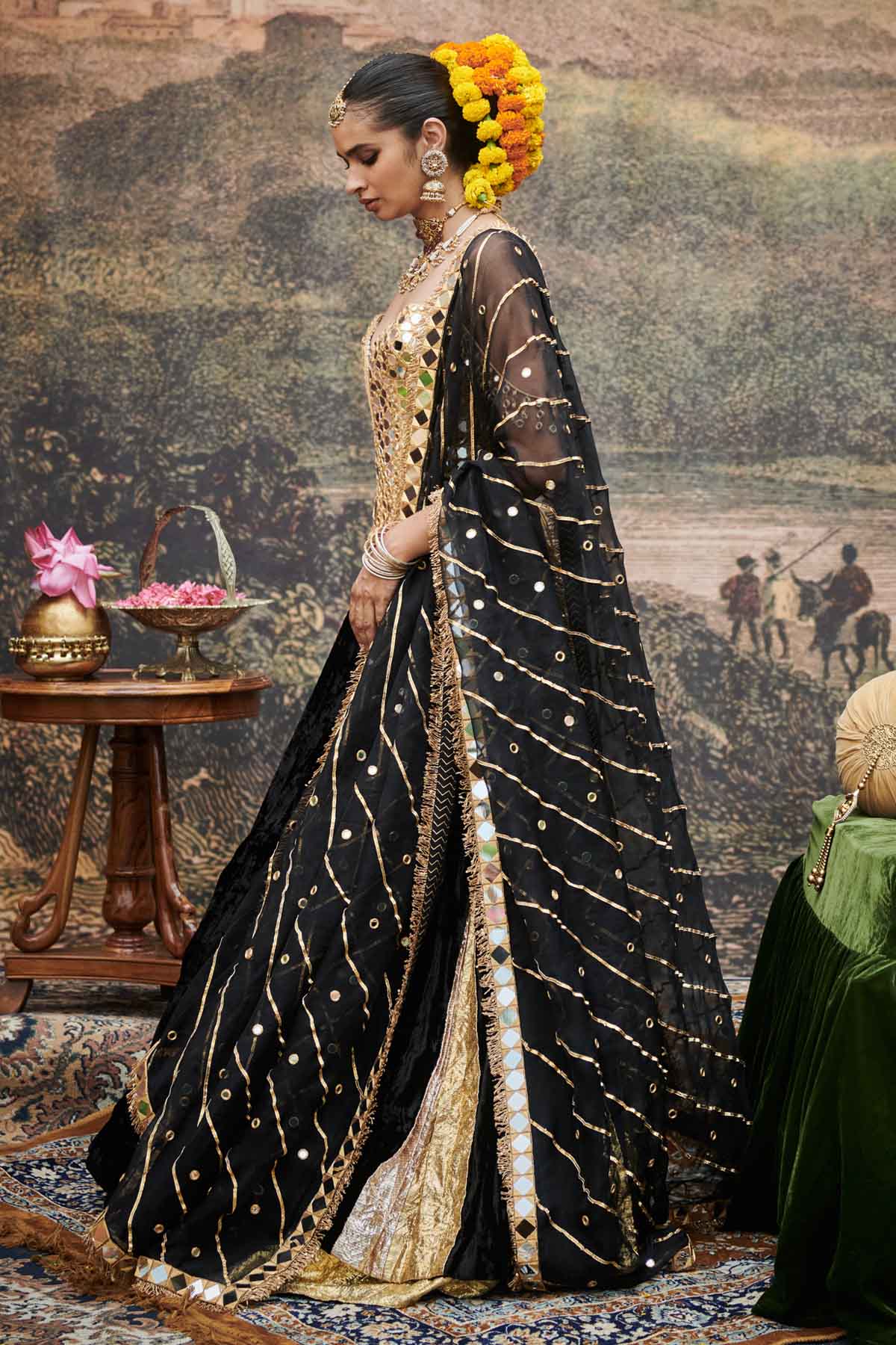 Black Gota Stripes Lehenga Set