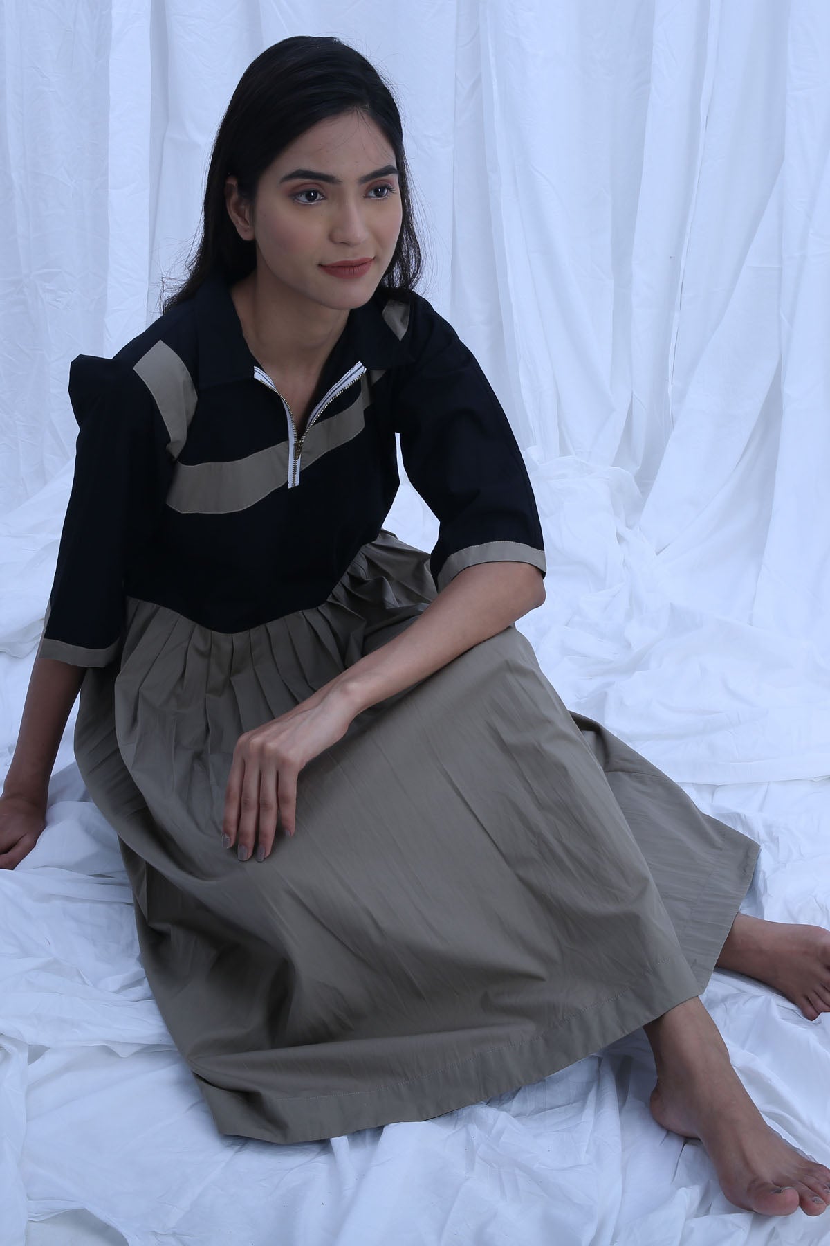 Black & Green Pleated Dress