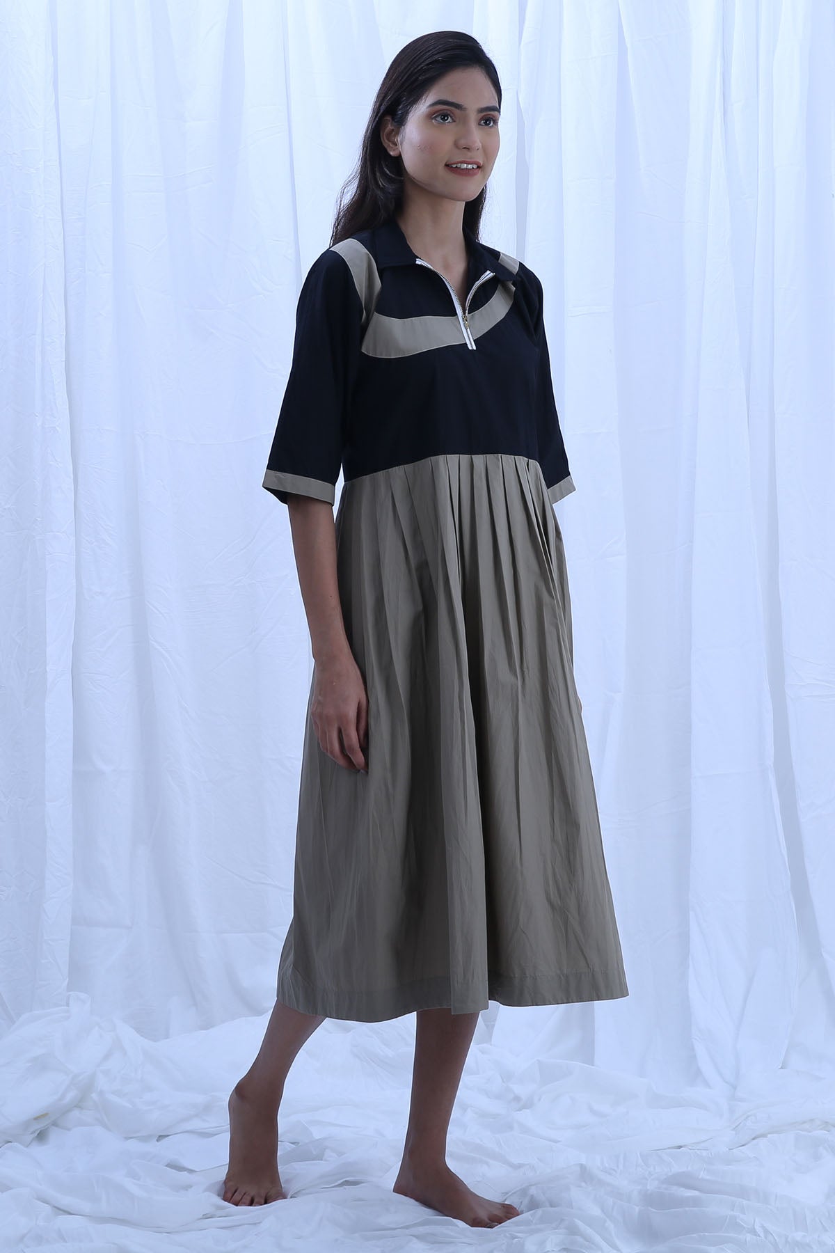 Black & Green Pleated Dress