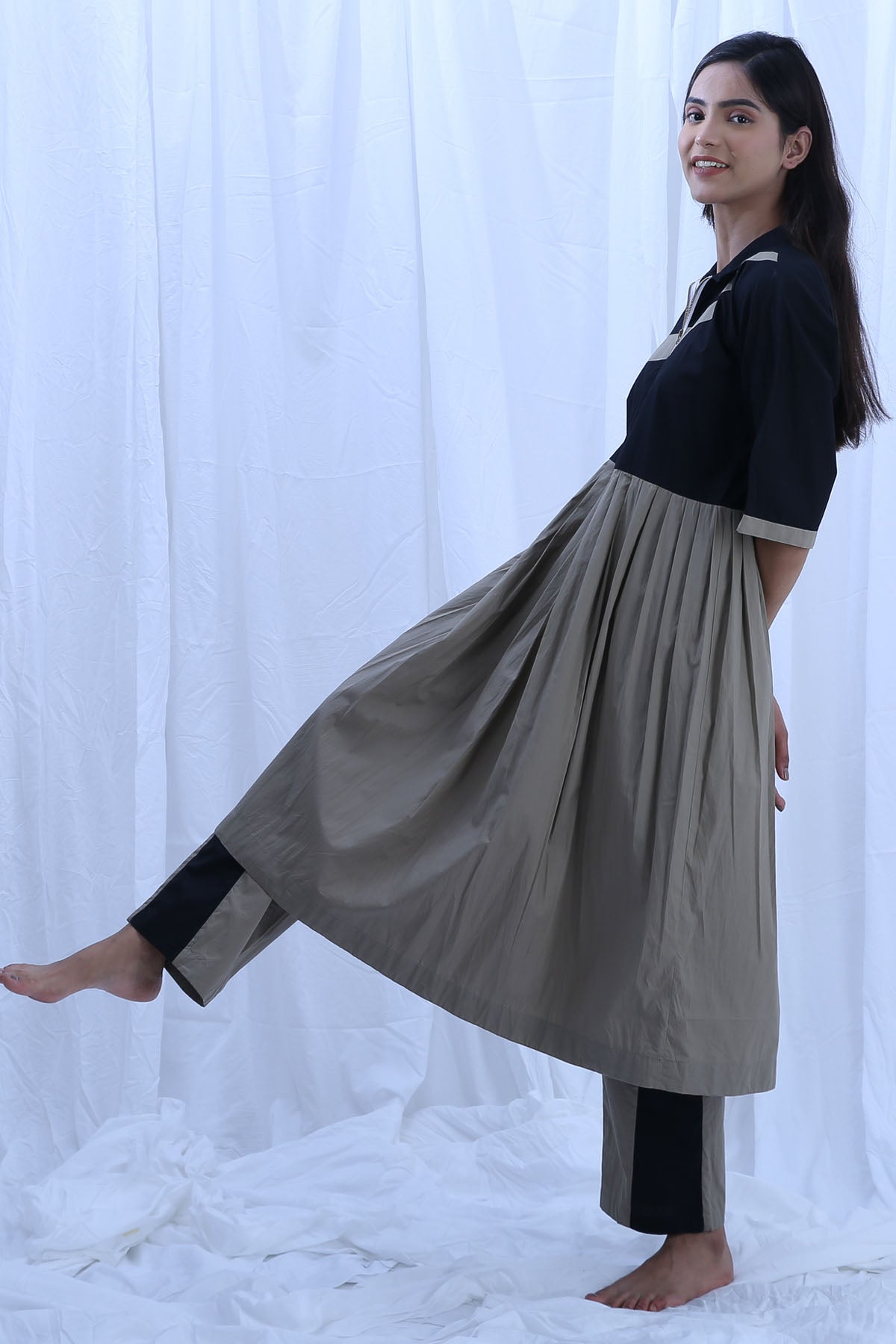 Black & Green Pleated Kurta Set