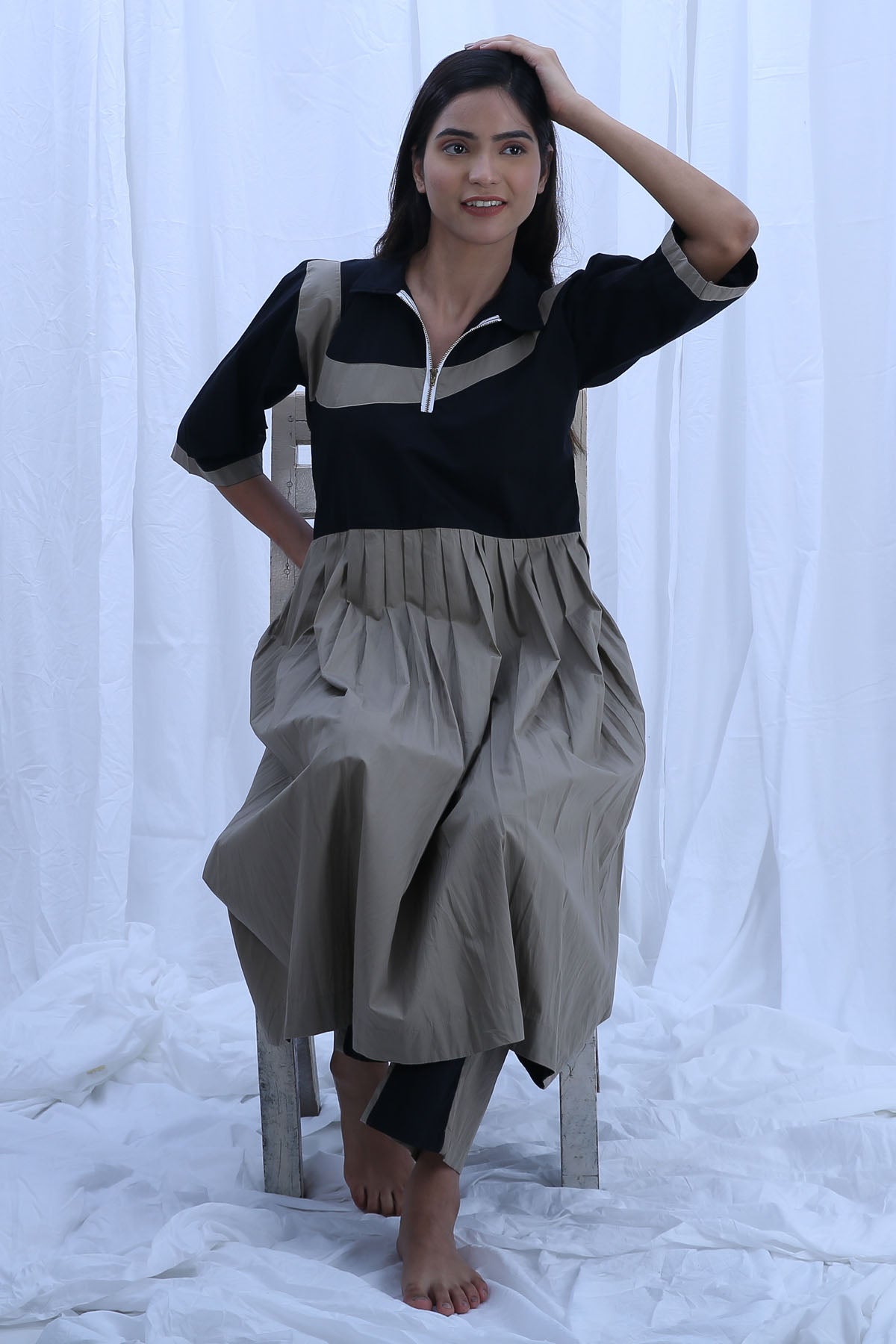 Black & Green Pleated Kurta Set