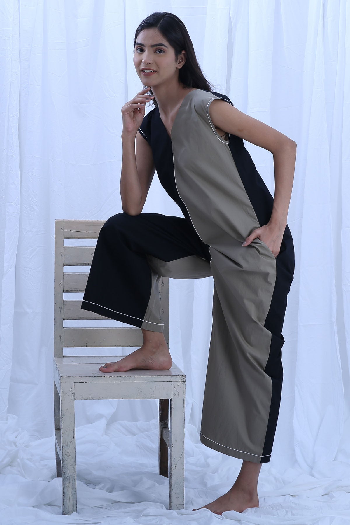 Black & Green V-Neck Jumpsuit