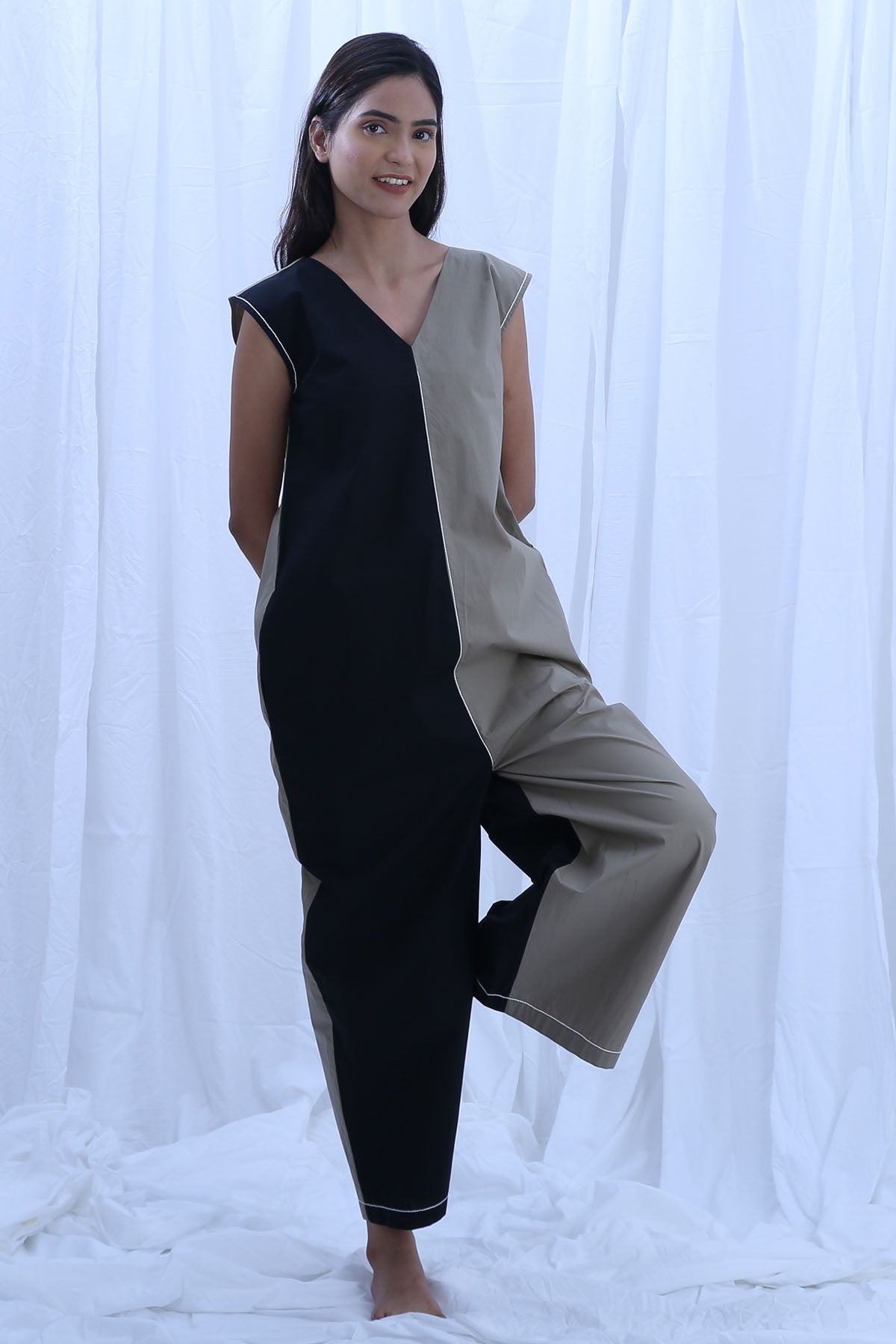 Buy Designer Black & Green V-Neck Jumpsuit Online