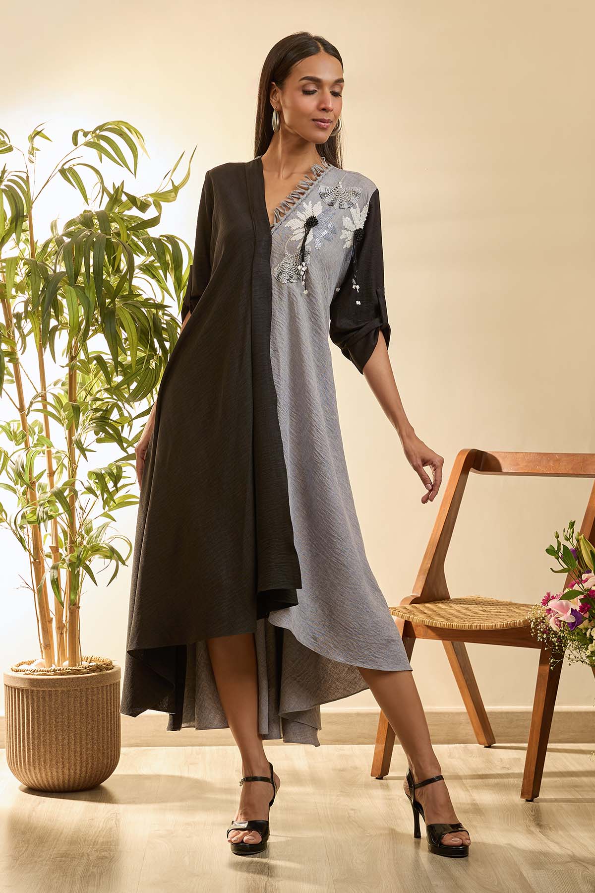 Buy Black & Grey High-Low Midi Dress by Babita Malkhani for women online at ScrollnShops