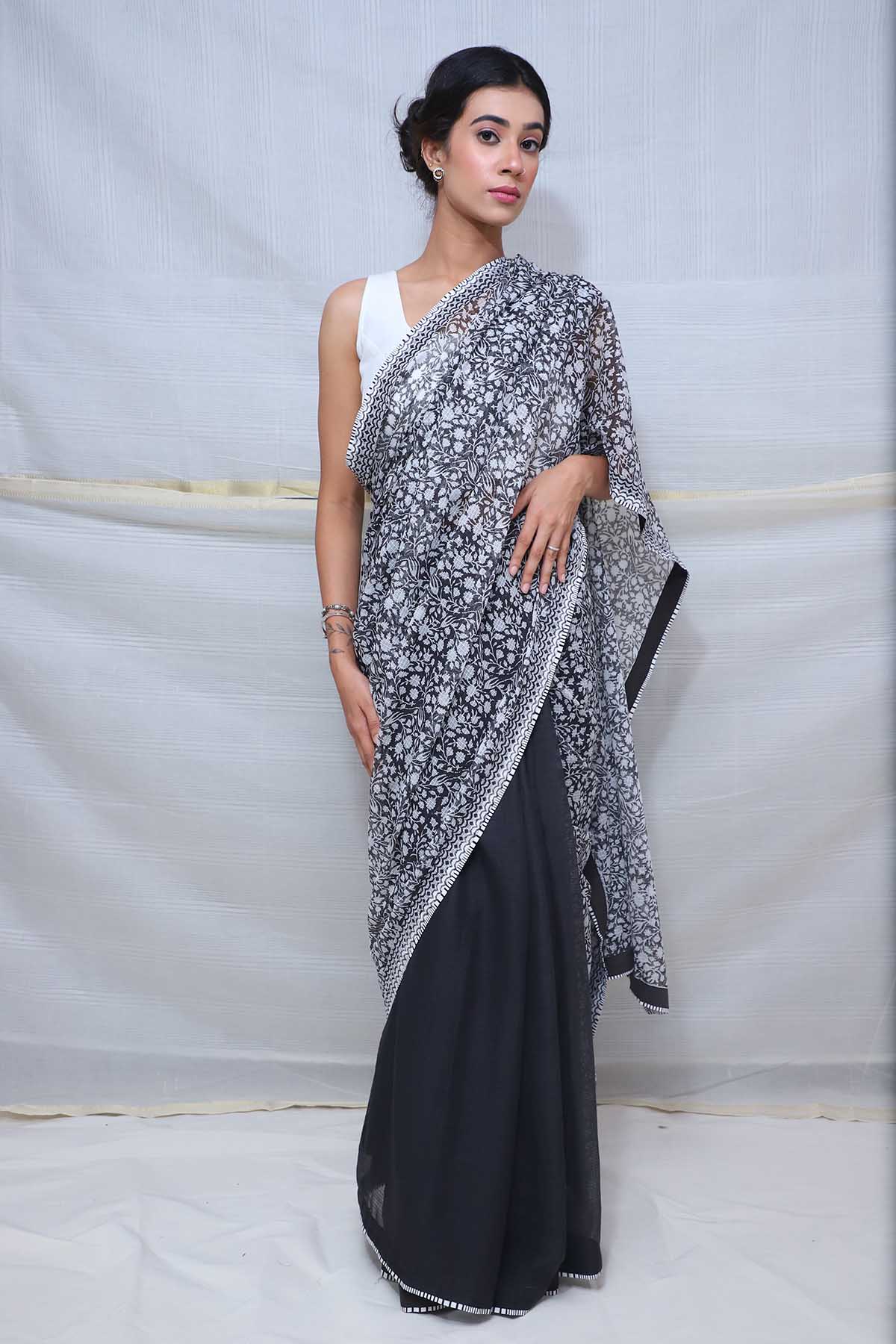 Black Handblock Printed Saree