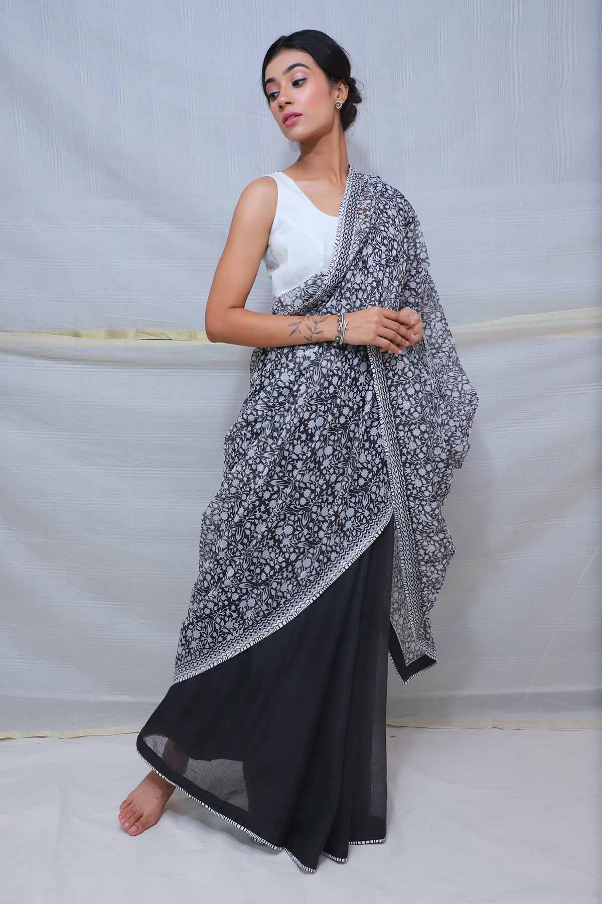 Buy Black Handblock Printed Saree by House Of 87 for women online at ScrollnShops