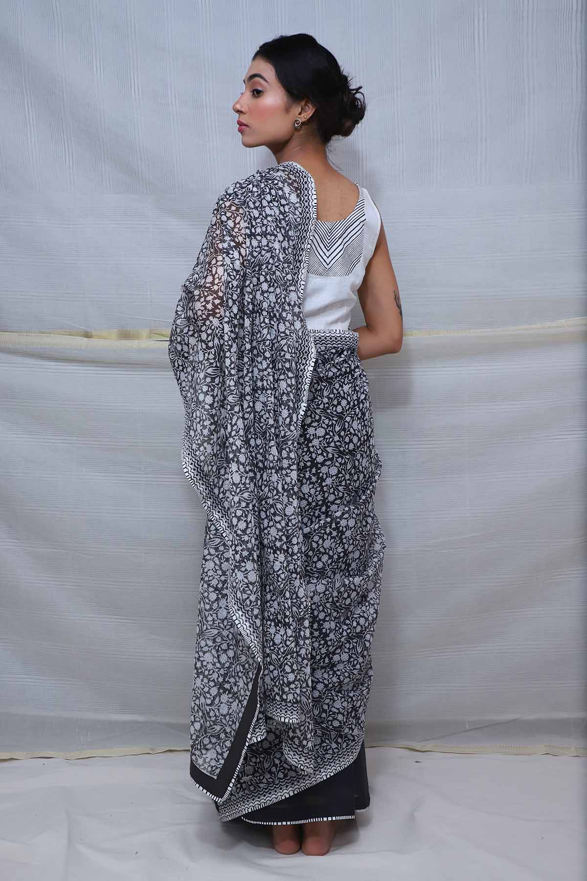 Black Handblock Printed Saree