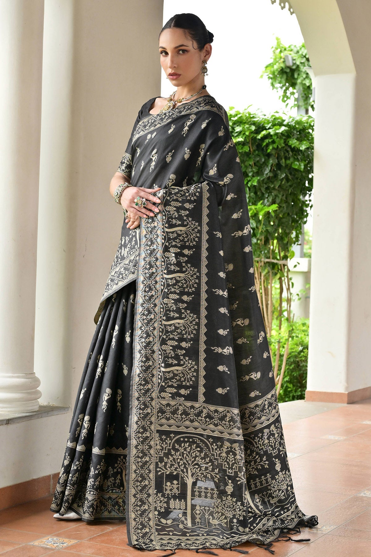 Buy Black Handloom Raw Silk Saree for women by Lili Lala Designer online available at scrollnshops