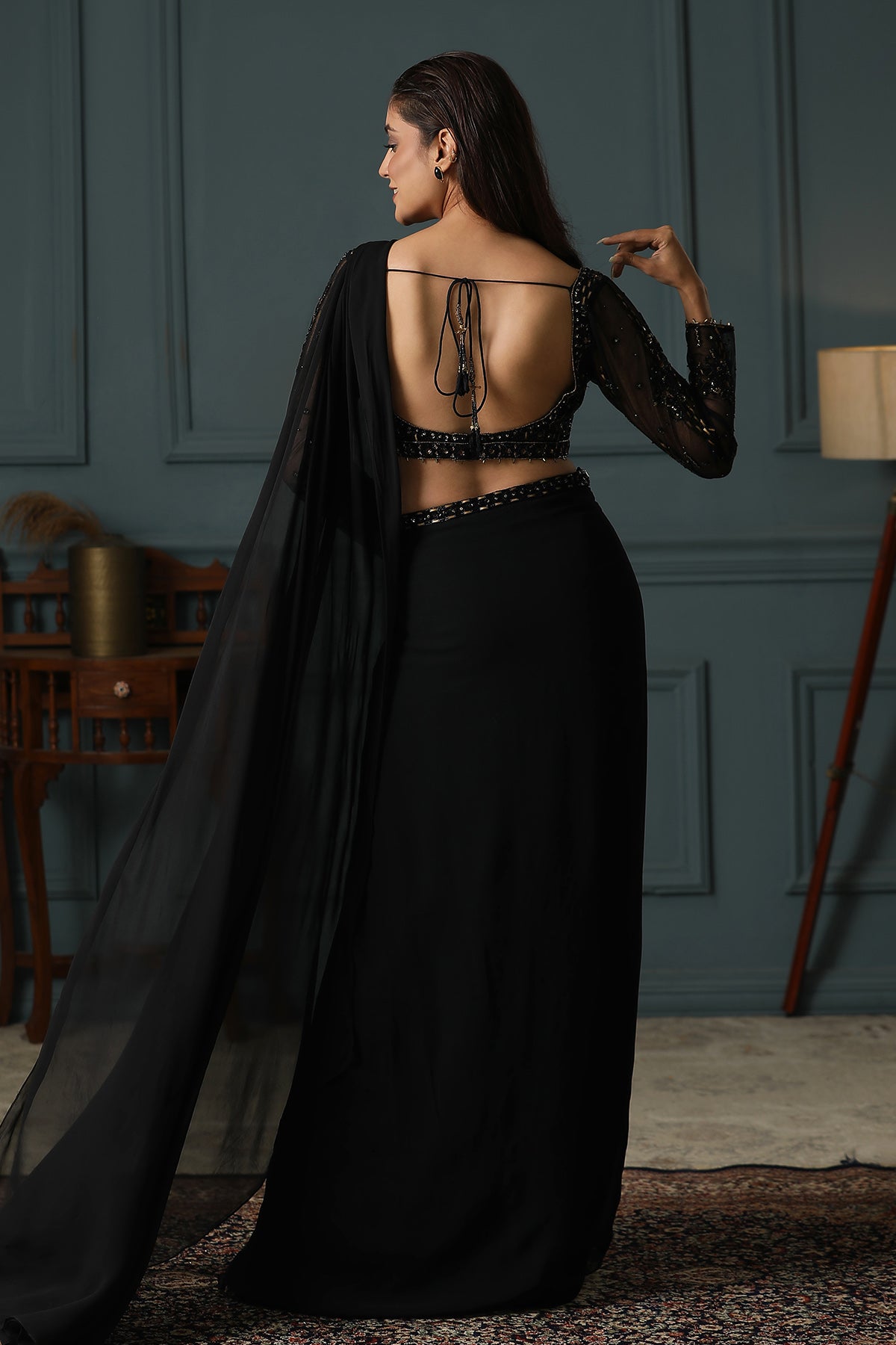 Black Handwork Pre-Draped Saree