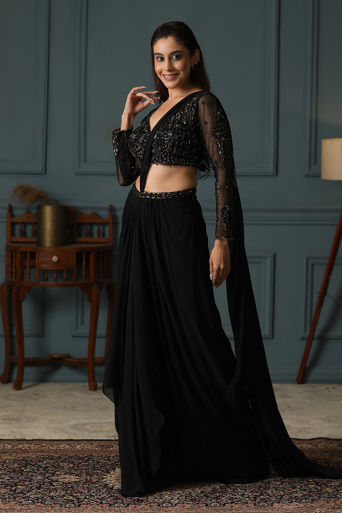 Black Handwork Pre-Draped Saree