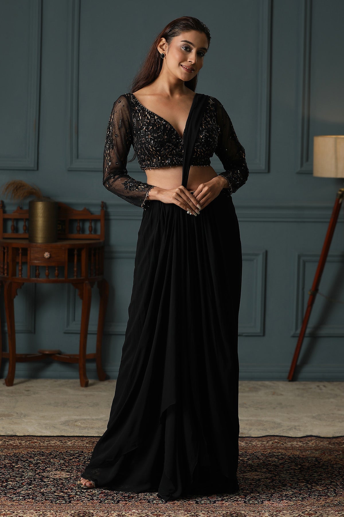 Buy Black Handwork Pre-Draped Saree by Art-i Design Studio for women online at ScrollnShops