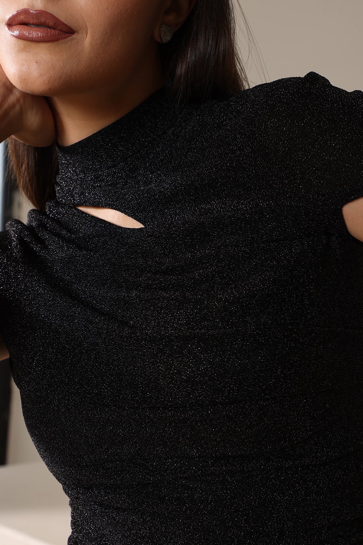 Black High Neck Lurex Mini Dress