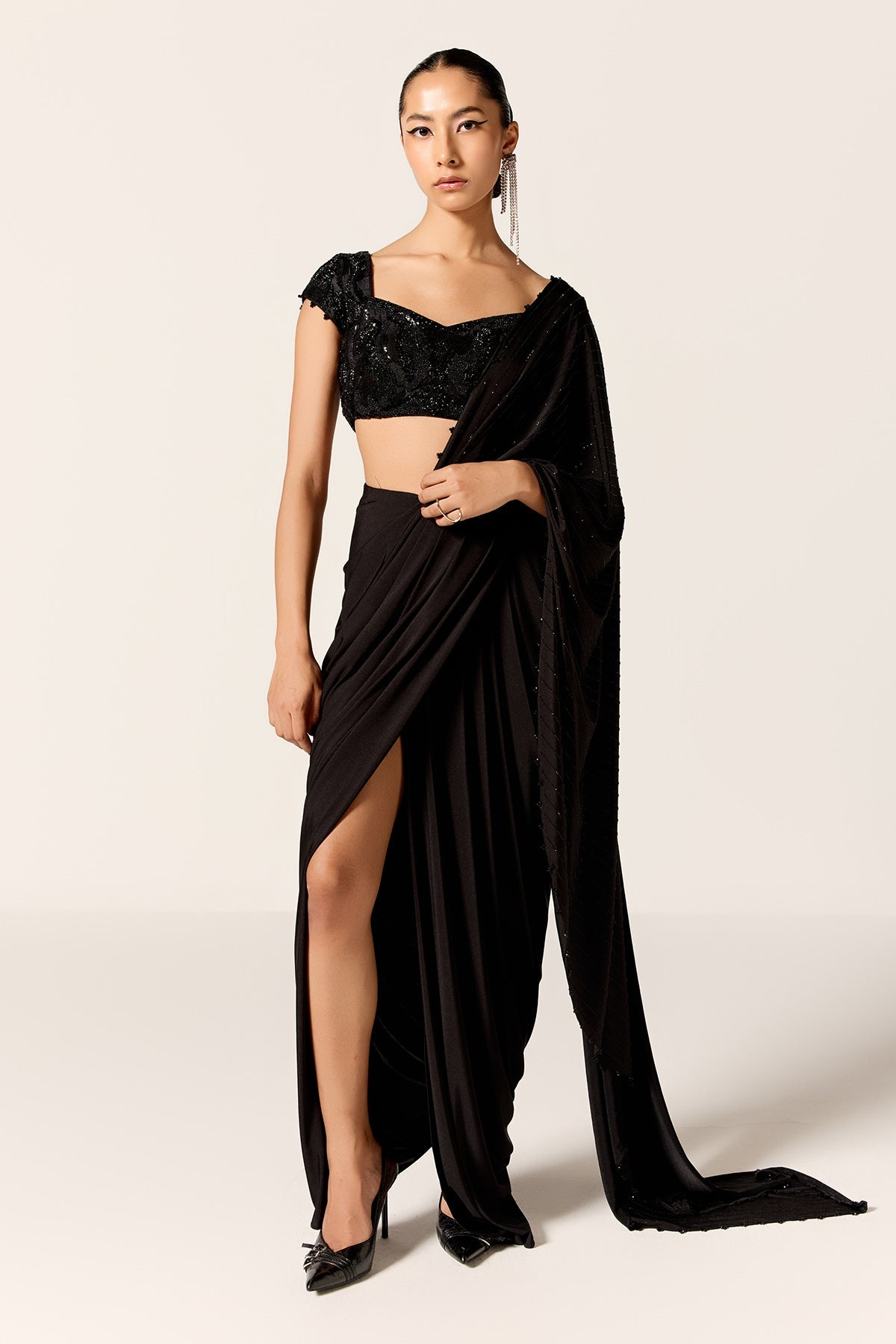 Buy Black High Slit Pre-Draped Saree by Manika Nanda for Women online at ScrollnShops