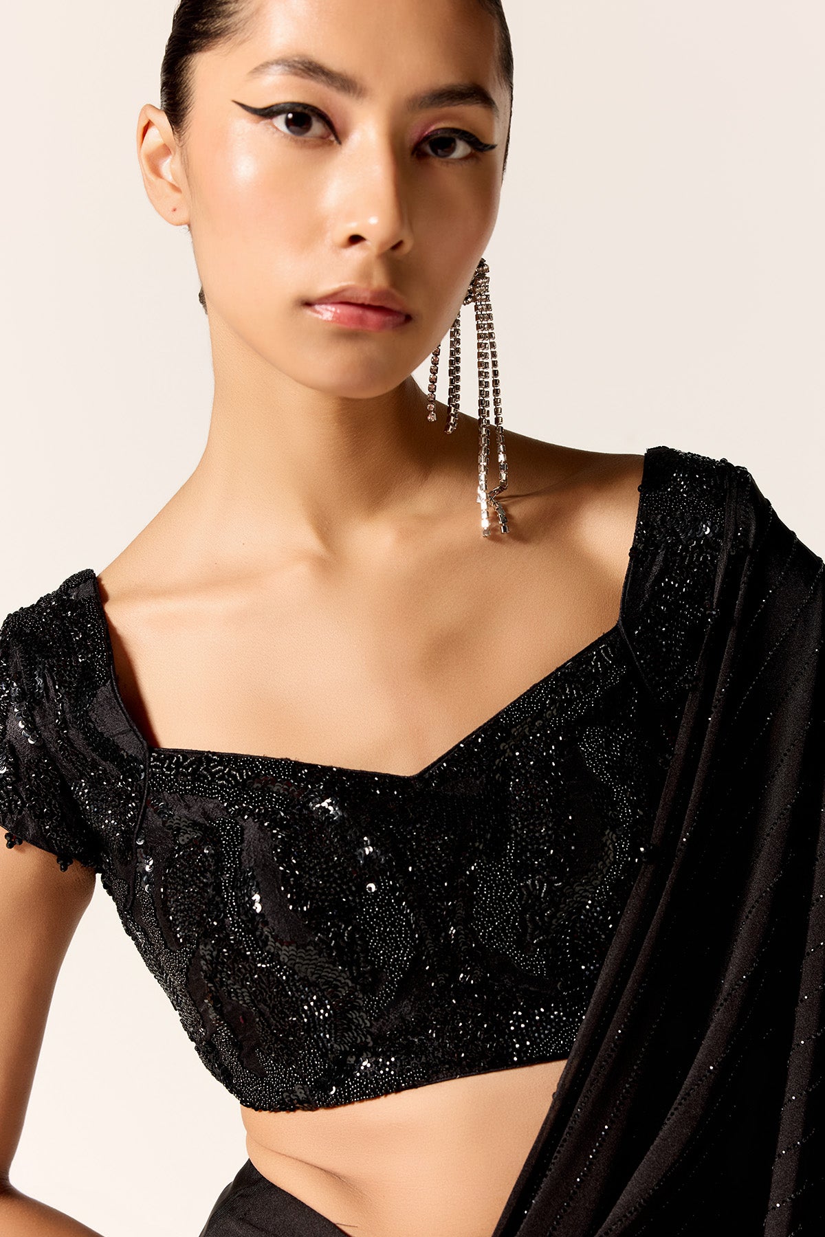 Black High Slit Pre-Draped Saree