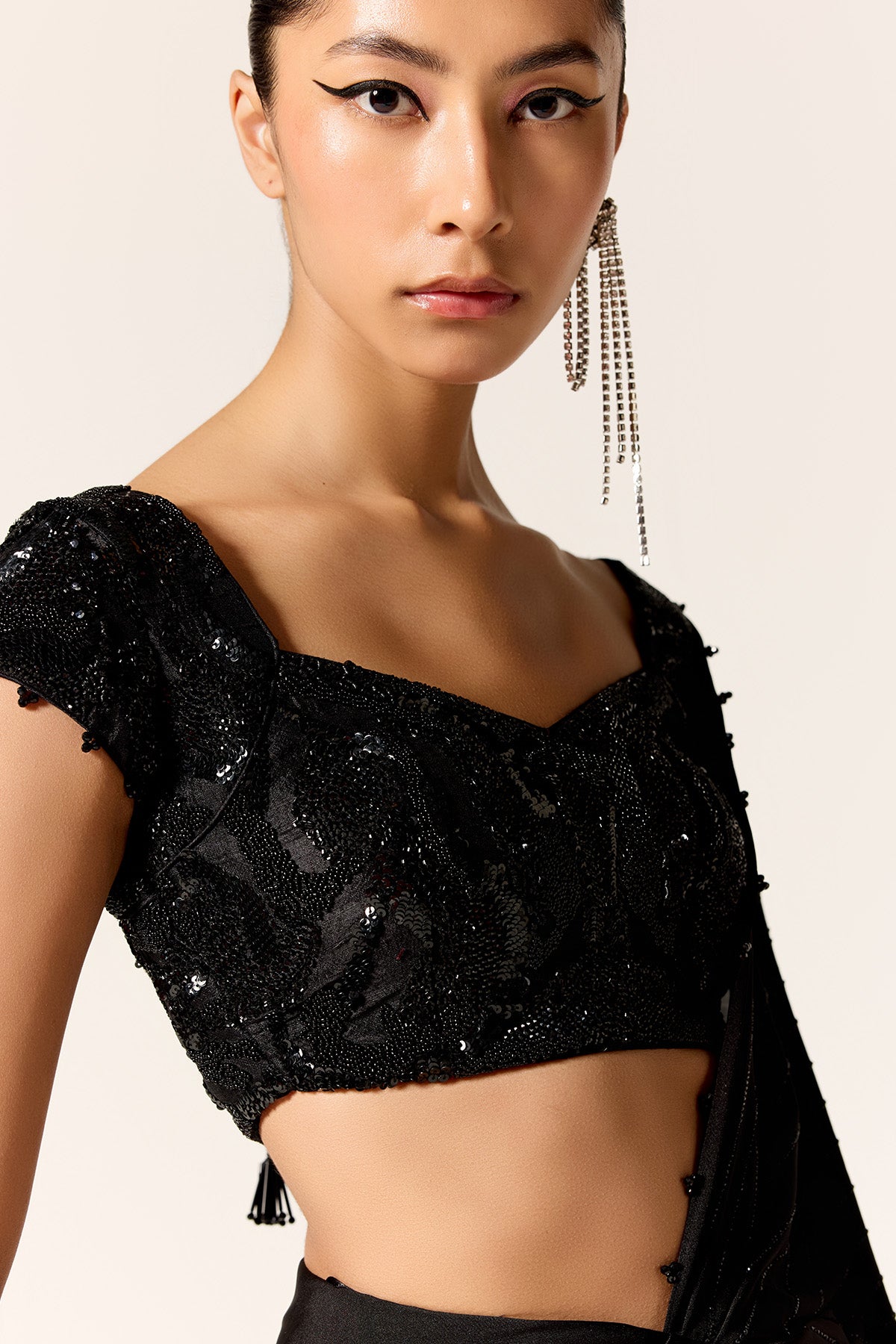 Black High Slit Pre-Draped Saree